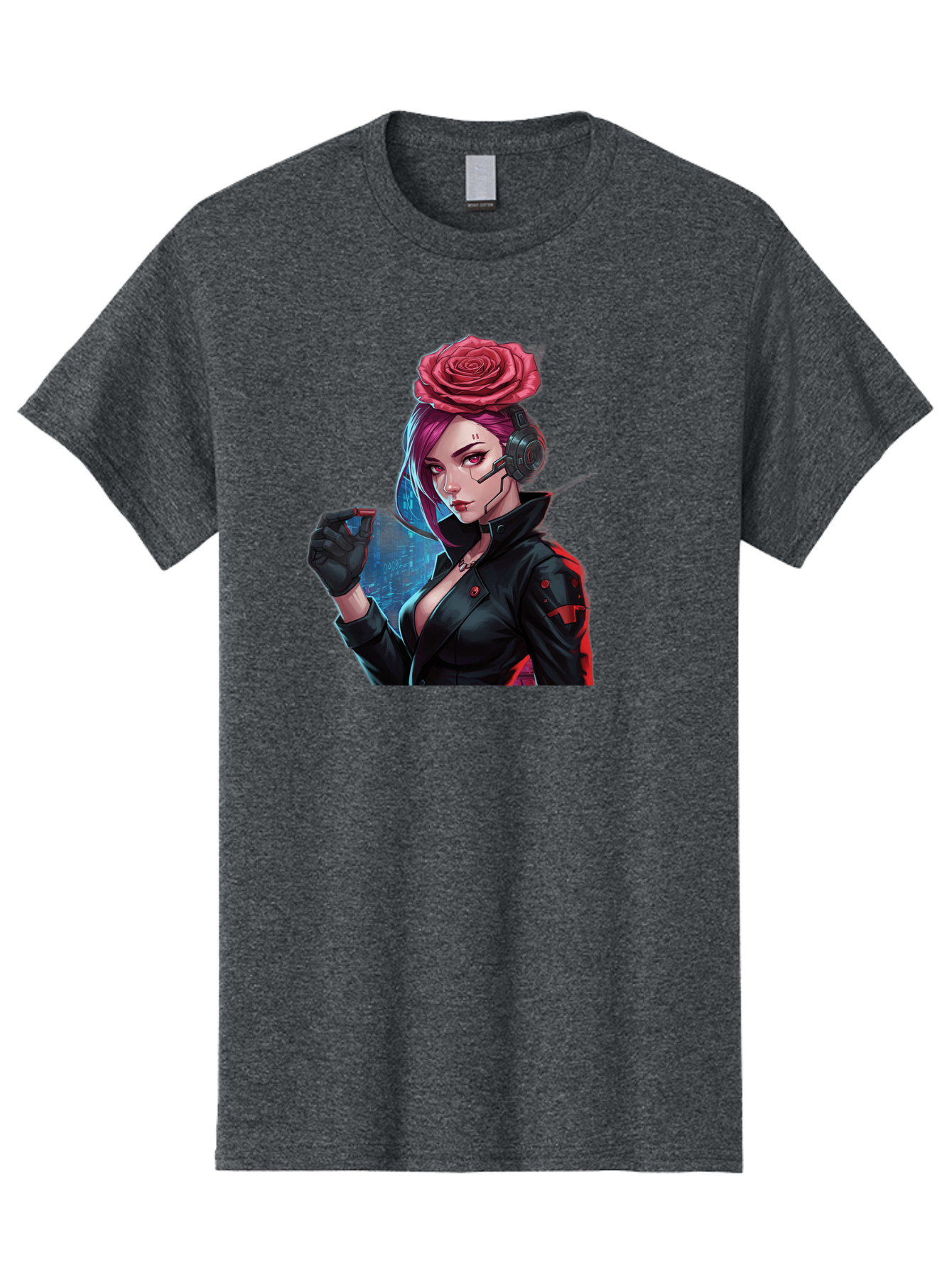 Rose-Girl Men'S Graphic Tee, 100% Cotton, Comfortable Casual Summer Wear, Machine Washable, Pink Hair, Red Rose, Black Leather Jacket, Cyberpunk Style, Futuristic Fashion, Gaming Character, League Of Legends, Esports, K/Da Akali Bac378