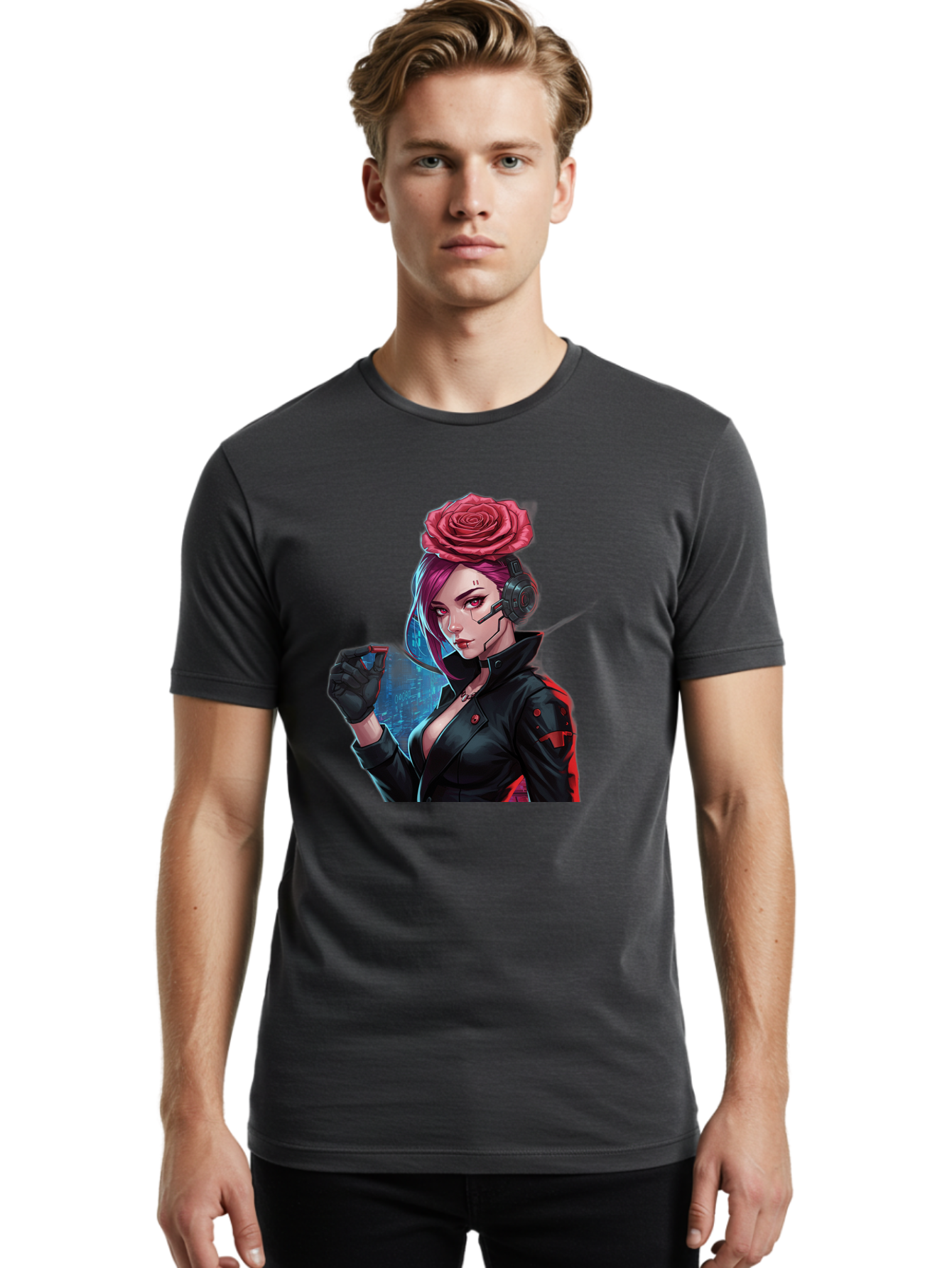 Rose-Girl Men'S Graphic Tee, 100% Cotton, Comfortable Casual Summer Wear, Machine Washable, Pink Hair, Red Rose, Black Leather Jacket, Cyberpunk Style, Futuristic Fashion, Gaming Character, League Of Legends, Esports, K/Da Akali Bac378
