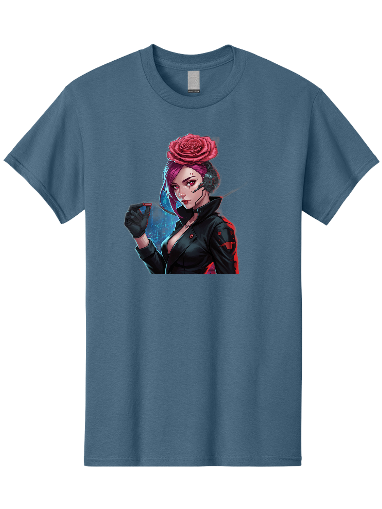 Rose-Girl Men'S Graphic Tee, 100% Cotton, Comfortable Casual Summer Wear, Machine Washable, Pink Hair, Red Rose, Black Leather Jacket, Cyberpunk Style, Futuristic Fashion, Gaming Character, League Of Legends, Esports, K/Da Akali Bac378