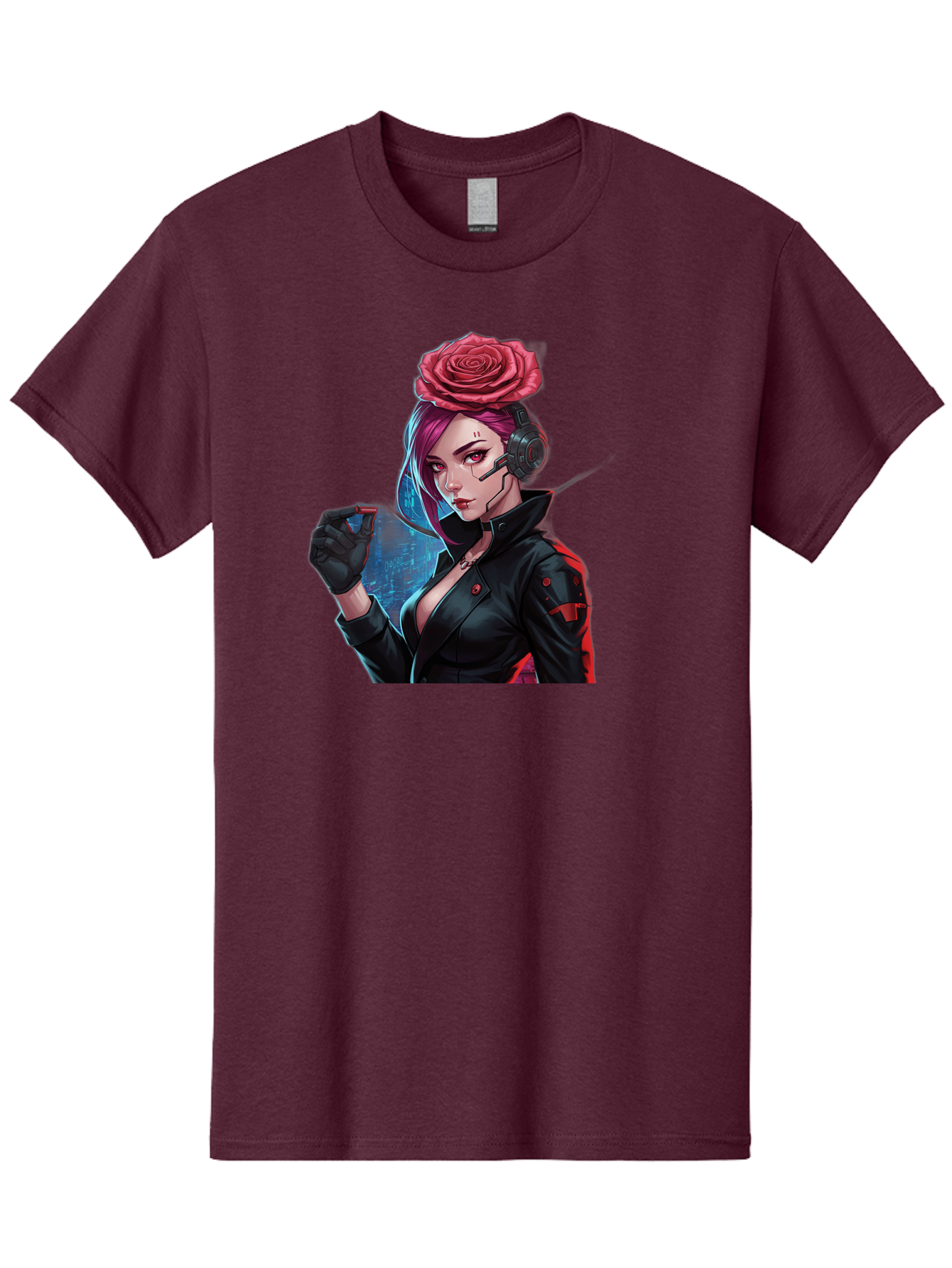 Rose-Girl Men'S Graphic Tee, 100% Cotton, Comfortable Casual Summer Wear, Machine Washable, Pink Hair, Red Rose, Black Leather Jacket, Cyberpunk Style, Futuristic Fashion, Gaming Character, League Of Legends, Esports, K/Da Akali Bac378