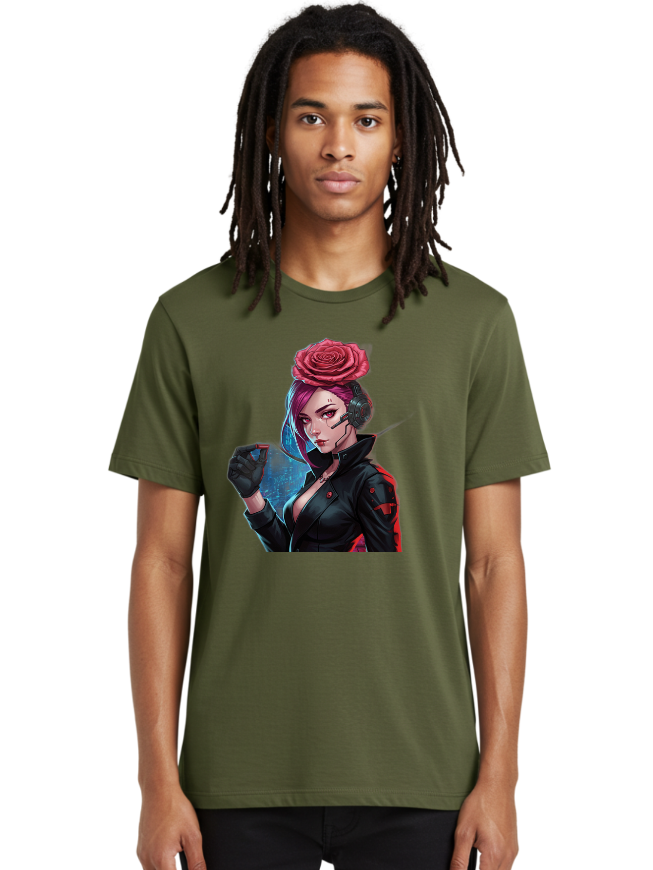 Rose-Girl Men'S Graphic Tee, 100% Cotton, Comfortable Casual Summer Wear, Machine Washable, Pink Hair, Red Rose, Black Leather Jacket, Cyberpunk Style, Futuristic Fashion, Gaming Character, League Of Legends, Esports, K/Da Akali Bac378