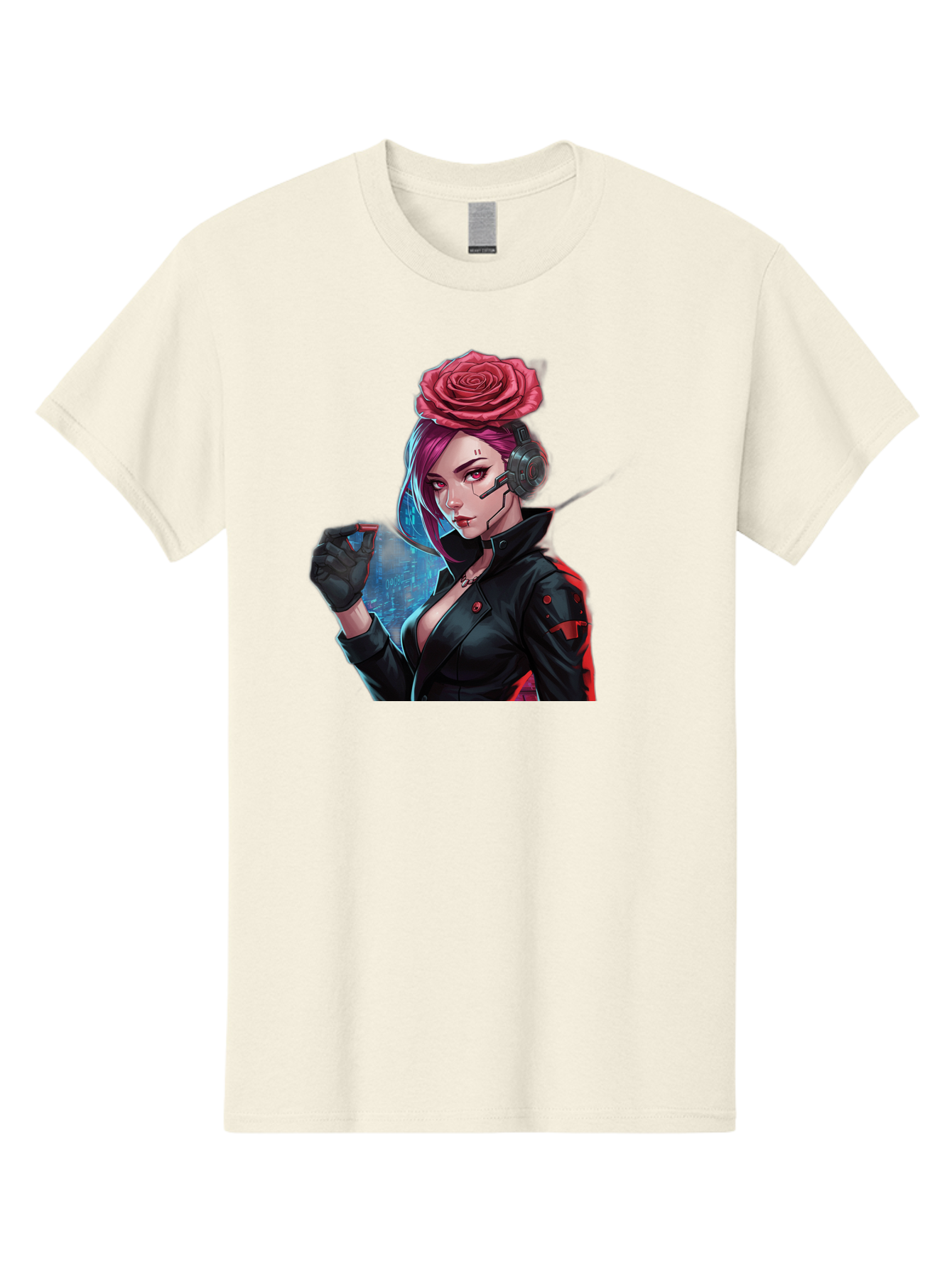 Rose-Girl Men'S Graphic Tee, 100% Cotton, Comfortable Casual Summer Wear, Machine Washable, Pink Hair, Red Rose, Black Leather Jacket, Cyberpunk Style, Futuristic Fashion, Gaming Character, League Of Legends, Esports, K/Da Akali Bac378