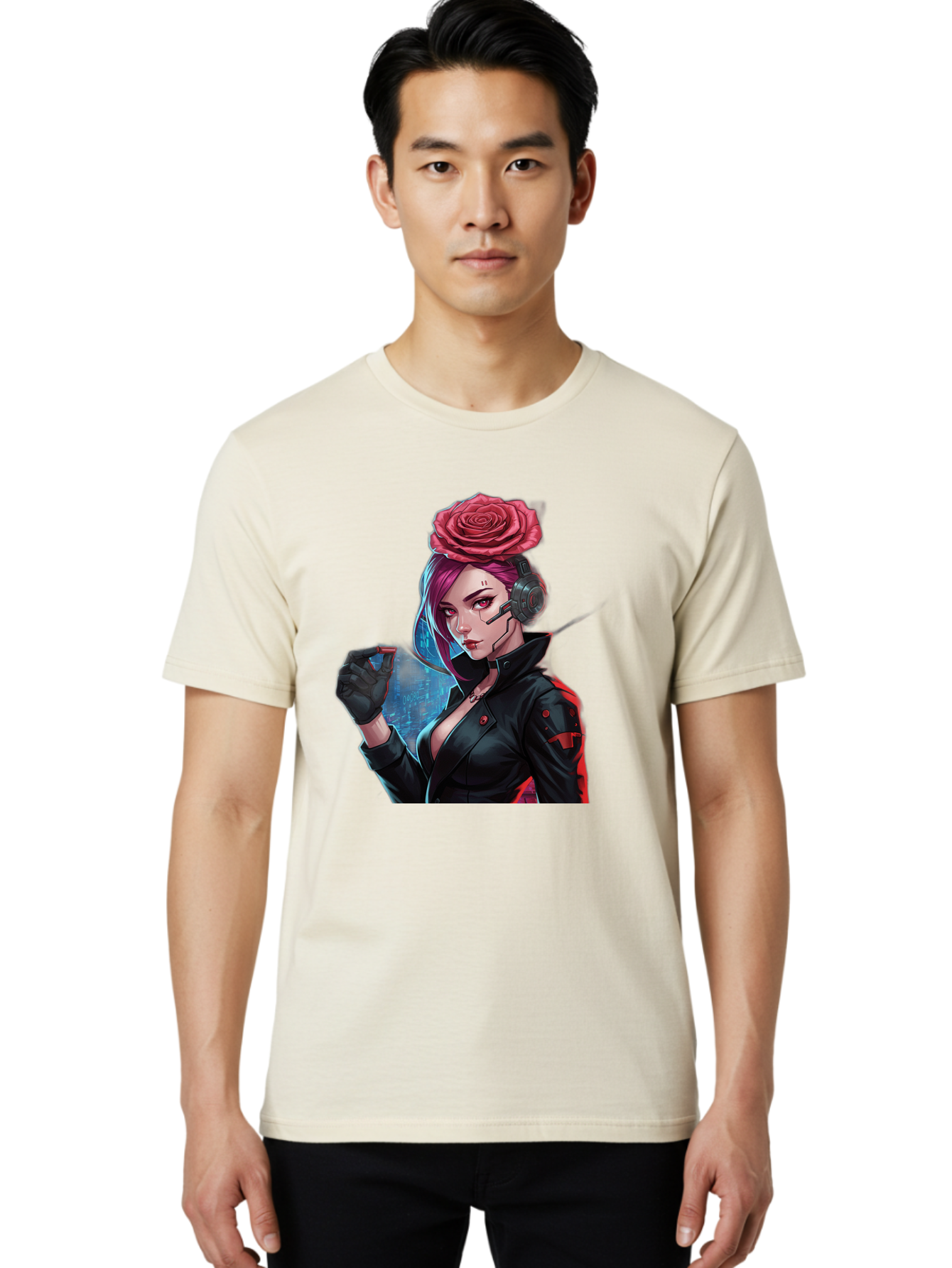 Rose-Girl Men'S Graphic Tee, 100% Cotton, Comfortable Casual Summer Wear, Machine Washable, Pink Hair, Red Rose, Black Leather Jacket, Cyberpunk Style, Futuristic Fashion, Gaming Character, League Of Legends, Esports, K/Da Akali Bac378