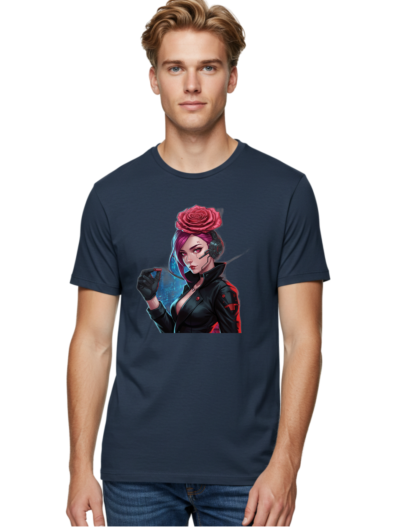 Rose-Girl Men'S Graphic Tee, 100% Cotton, Comfortable Casual Summer Wear, Machine Washable, Pink Hair, Red Rose, Black Leather Jacket, Cyberpunk Style, Futuristic Fashion, Gaming Character, League Of Legends, Esports, K/Da Akali Bac378