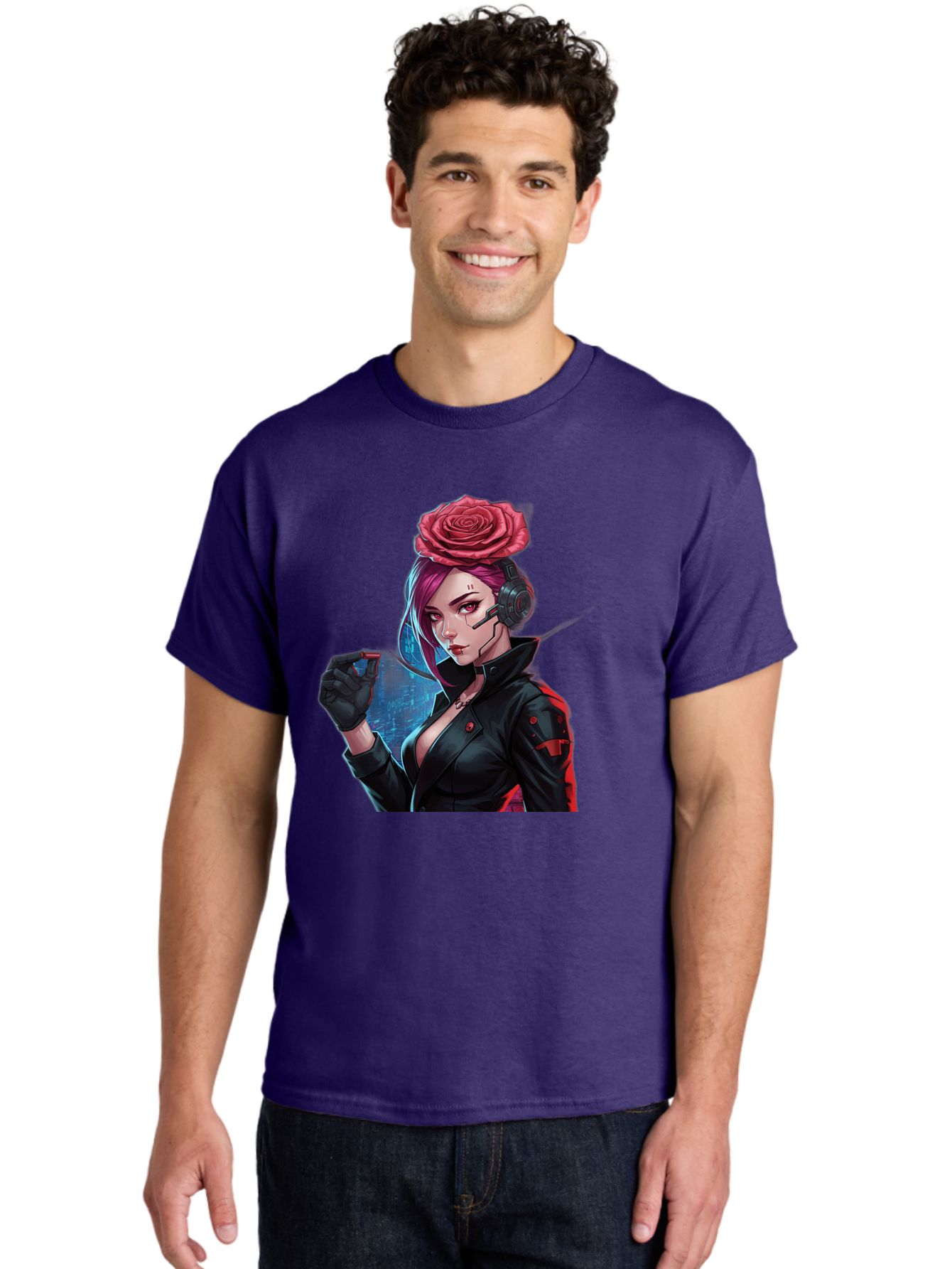 Rose-Girl Men'S Graphic Tee, 100% Cotton, Comfortable Casual Summer Wear, Machine Washable, Pink Hair, Red Rose, Black Leather Jacket, Cyberpunk Style, Futuristic Fashion, Gaming Character, League Of Legends, Esports, K/Da Akali Bac378