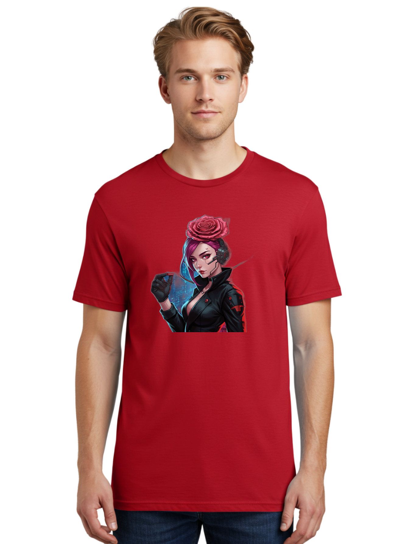 Rose-Girl Men'S Graphic Tee, 100% Cotton, Comfortable Casual Summer Wear, Machine Washable, Pink Hair, Red Rose, Black Leather Jacket, Cyberpunk Style, Futuristic Fashion, Gaming Character, League Of Legends, Esports, K/Da Akali Bac378