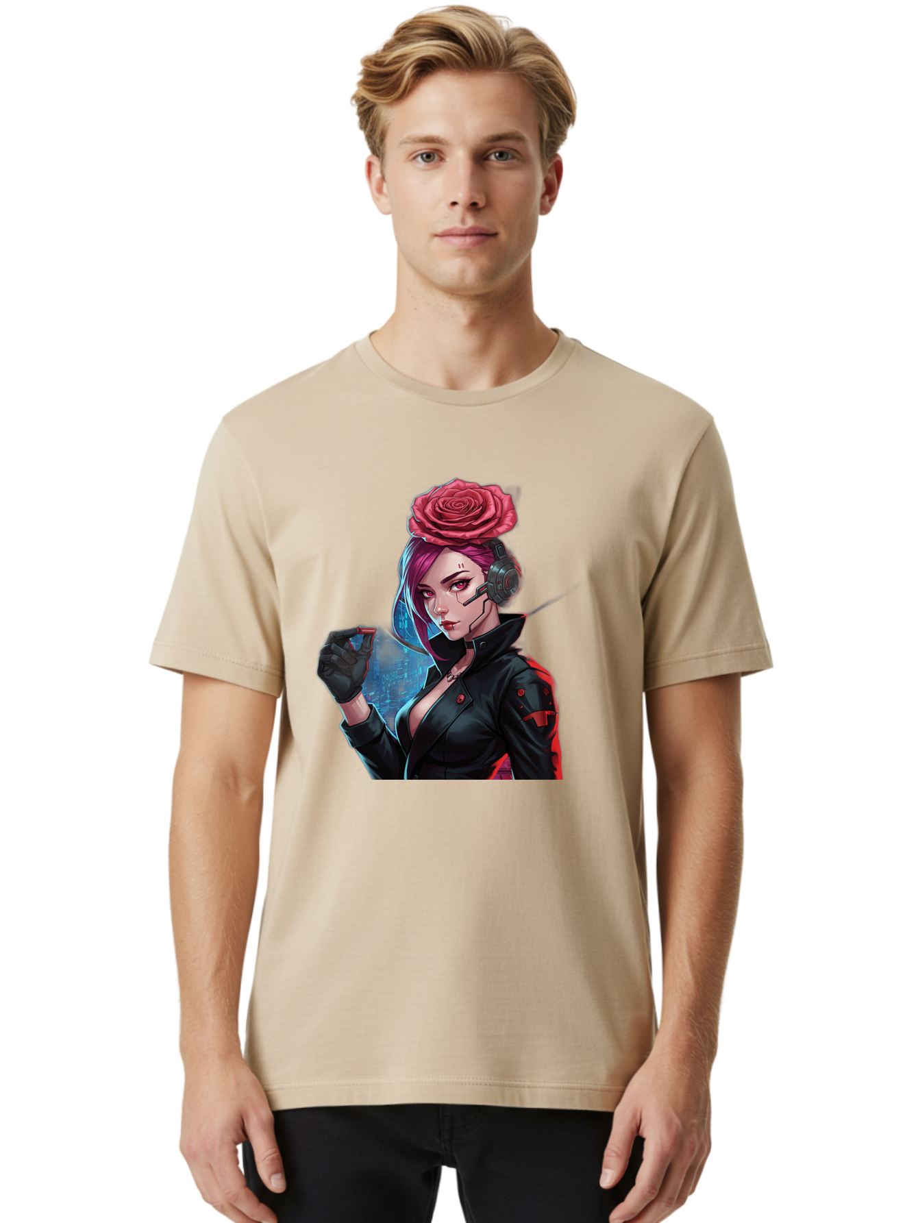 Rose-Girl Men'S Graphic Tee, 100% Cotton, Comfortable Casual Summer Wear, Machine Washable, Pink Hair, Red Rose, Black Leather Jacket, Cyberpunk Style, Futuristic Fashion, Gaming Character, League Of Legends, Esports, K/Da Akali Bac378