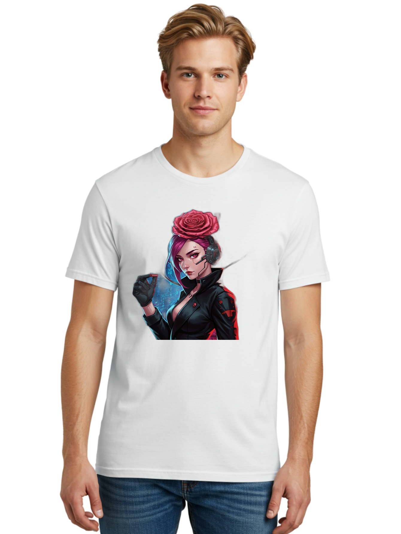 Rose-Girl Men'S Graphic Tee, 100% Cotton, Comfortable Casual Summer Wear, Machine Washable, Pink Hair, Red Rose, Black Leather Jacket, Cyberpunk Style, Futuristic Fashion, Gaming Character, League Of Legends, Esports, K/Da Akali Bac378