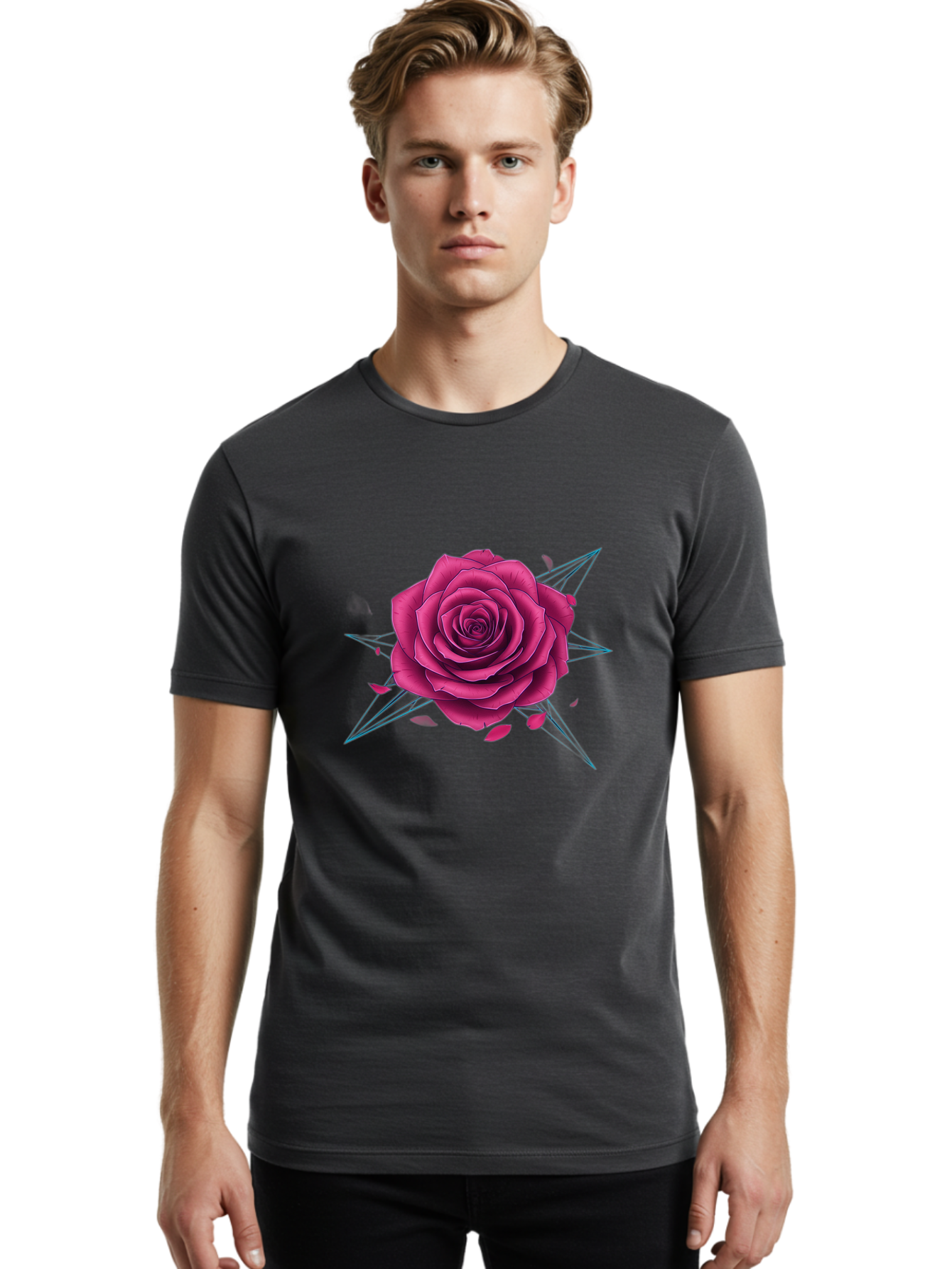 Rose-Star Men'S Graphic Tee, 100% Cotton, Comfortable Casual Summer Wear, Machine Washable, Pink Rose, Thorn Star, Falling Petals, Symbolic Art, Intricate Design, Floral Motif, Romantic Symbolism, Gothic Elegance, Mystical Themes Bac379