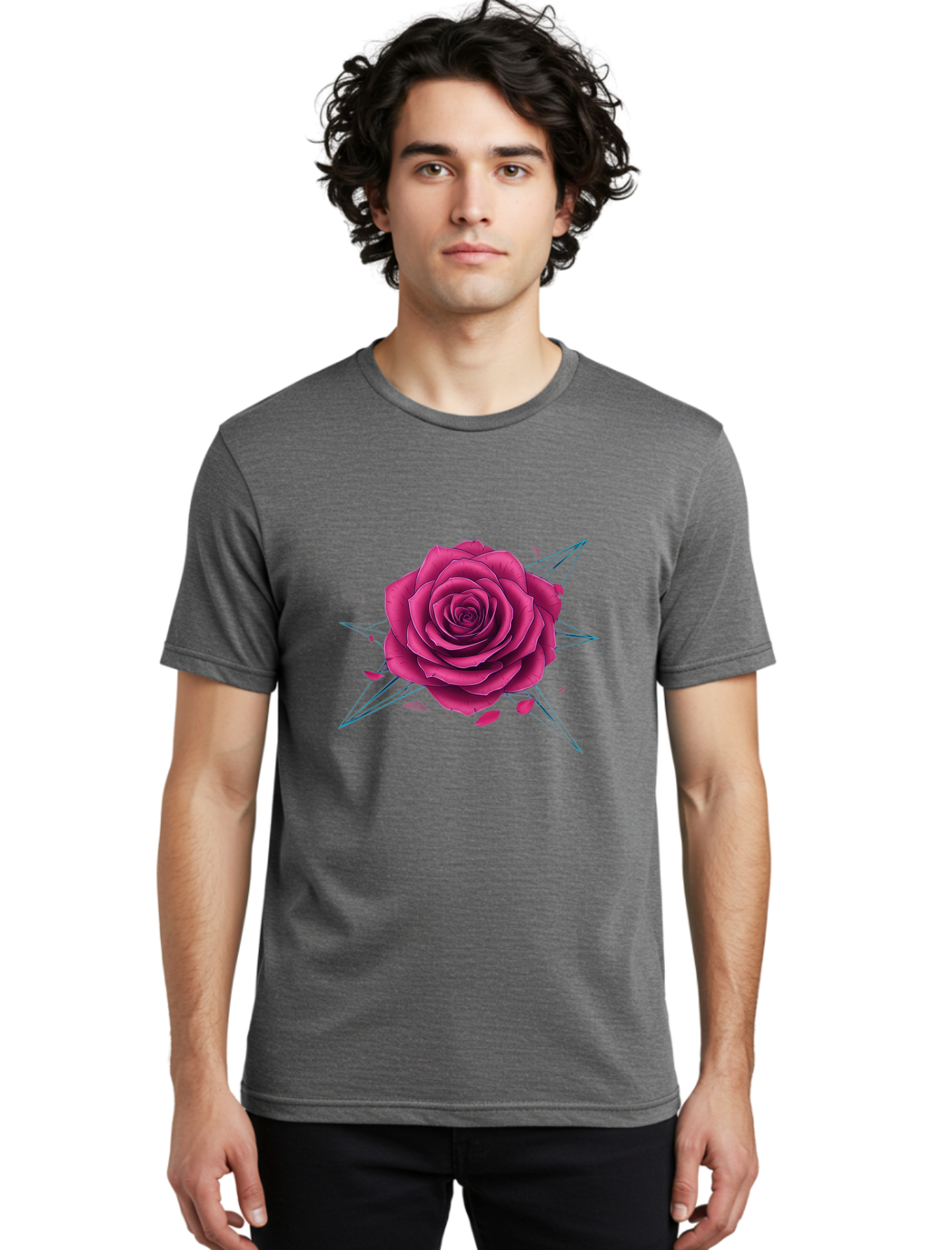 Rose-Star Men'S Graphic Tee, 100% Cotton, Comfortable Casual Summer Wear, Machine Washable, Pink Rose, Thorn Star, Falling Petals, Symbolic Art, Intricate Design, Floral Motif, Romantic Symbolism, Gothic Elegance, Mystical Themes Bac379