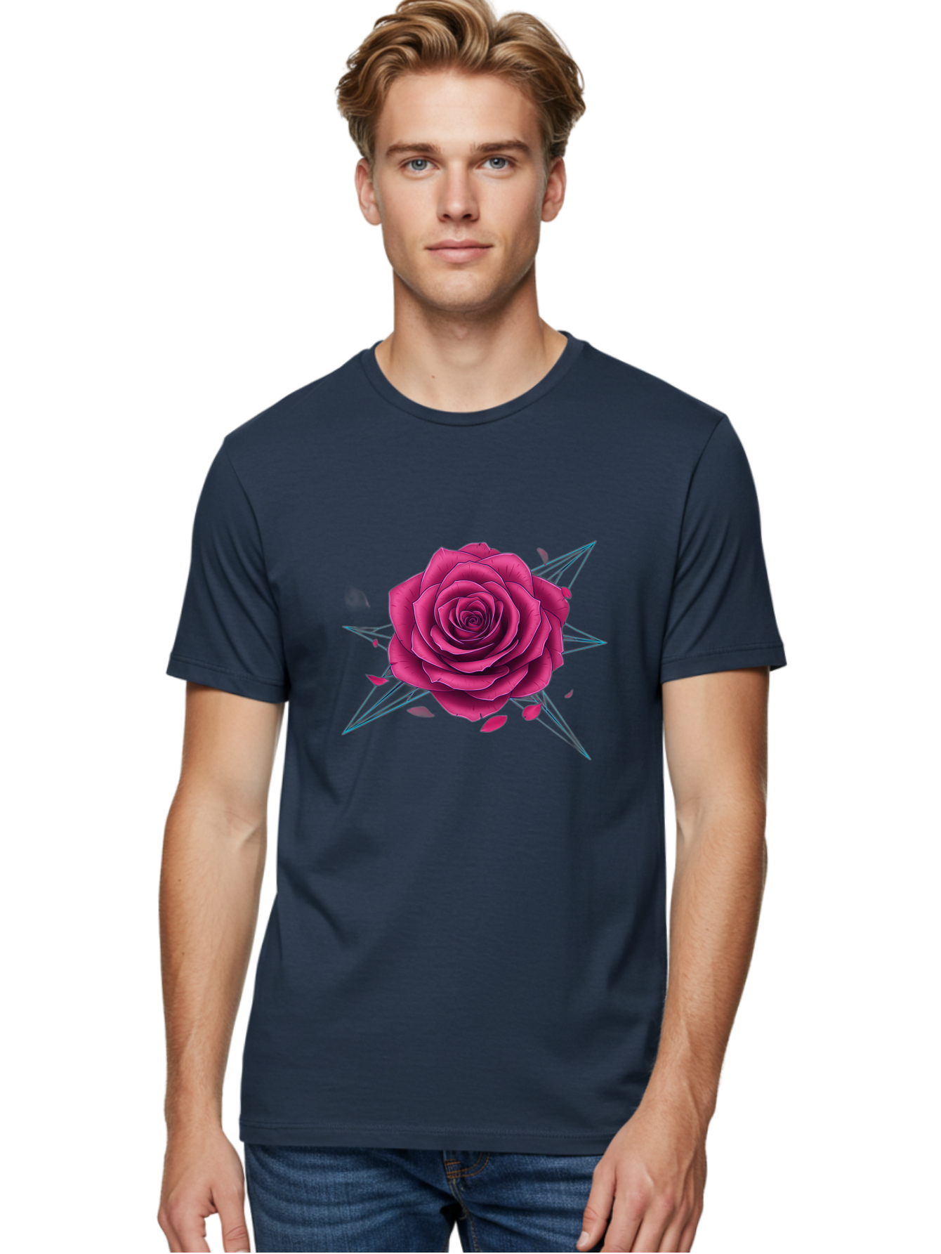 Rose-Star Men'S Graphic Tee, 100% Cotton, Comfortable Casual Summer Wear, Machine Washable, Pink Rose, Thorn Star, Falling Petals, Symbolic Art, Intricate Design, Floral Motif, Romantic Symbolism, Gothic Elegance, Mystical Themes Bac379