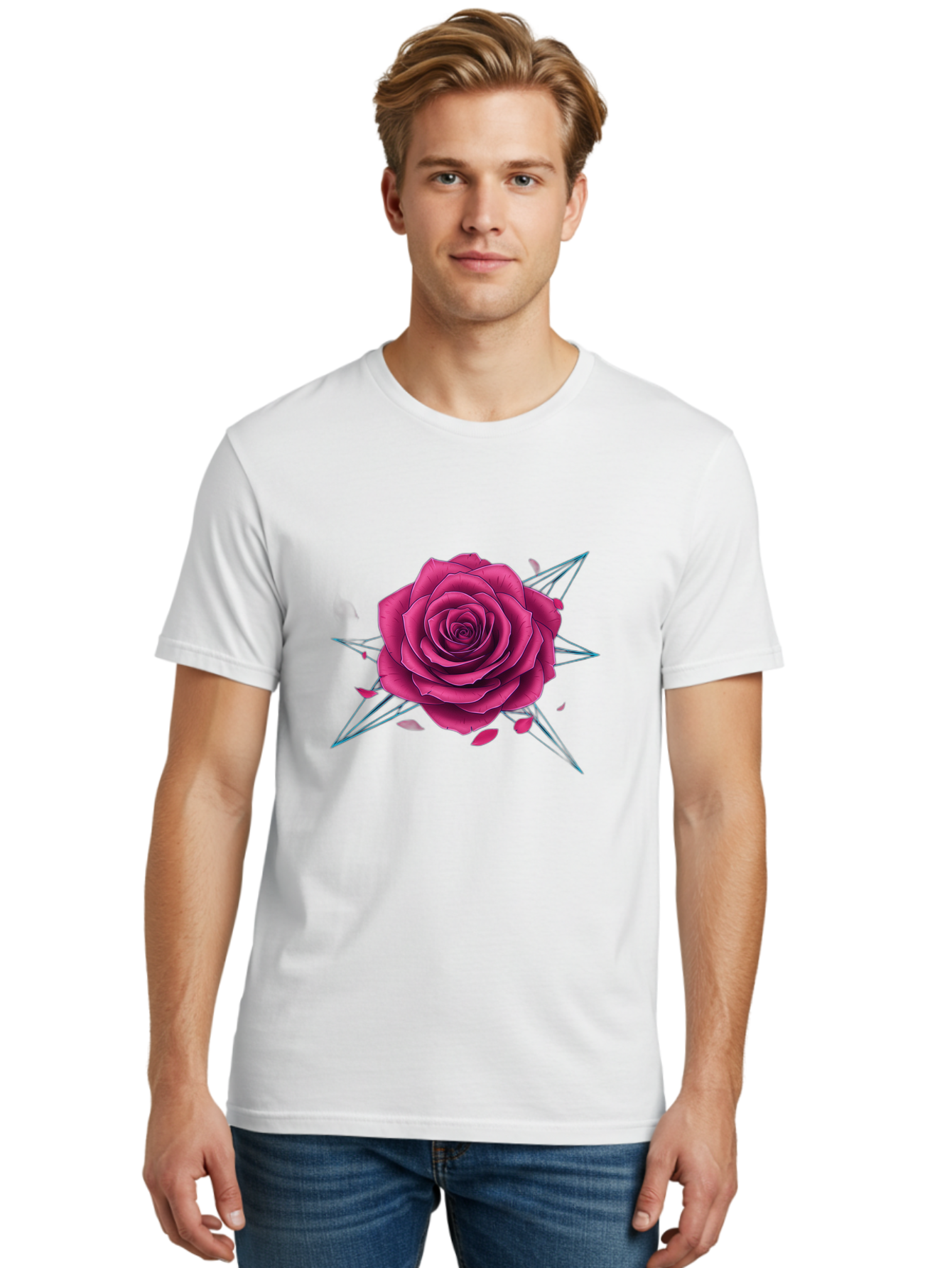 Rose-Star Men'S Graphic Tee, 100% Cotton, Comfortable Casual Summer Wear, Machine Washable, Pink Rose, Thorn Star, Falling Petals, Symbolic Art, Intricate Design, Floral Motif, Romantic Symbolism, Gothic Elegance, Mystical Themes Bac379