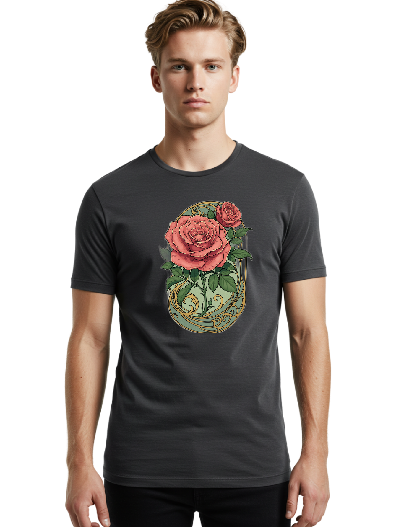 Roses-In-Vase Men'S Graphic Tee, 100% Cotton, Comfortable Casual Summer Wear, Machine Washable, Faberge Egg, Roses, Floral Arrangement, Ornate Design, Vintage Style, Decorative Art, Elegant Flowers, Luxury Decor, Beautiful Roses Bac380