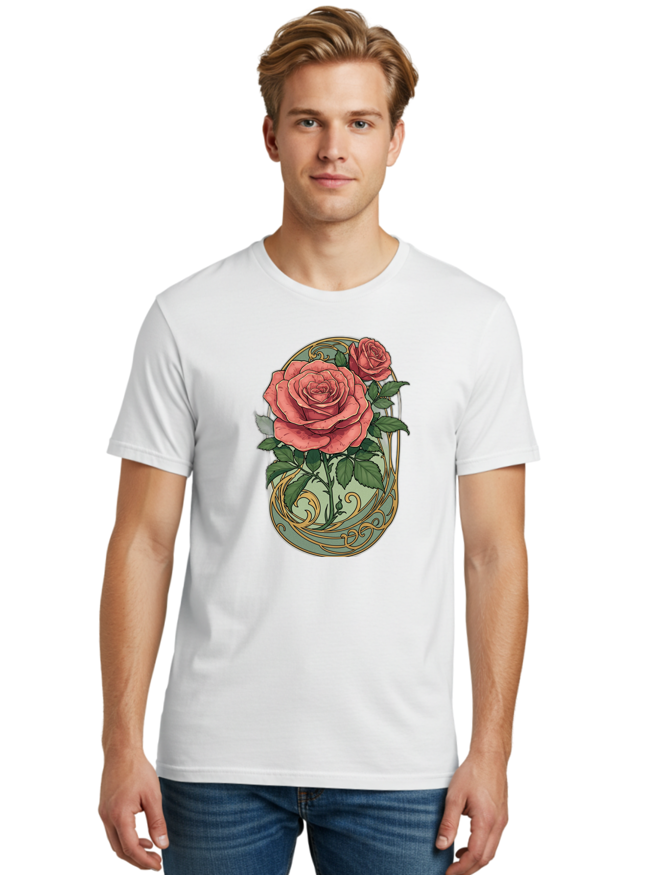 Roses-In-Vase Men'S Graphic Tee, 100% Cotton, Comfortable Casual Summer Wear, Machine Washable, Faberge Egg, Roses, Floral Arrangement, Ornate Design, Vintage Style, Decorative Art, Elegant Flowers, Luxury Decor, Beautiful Roses Bac380
