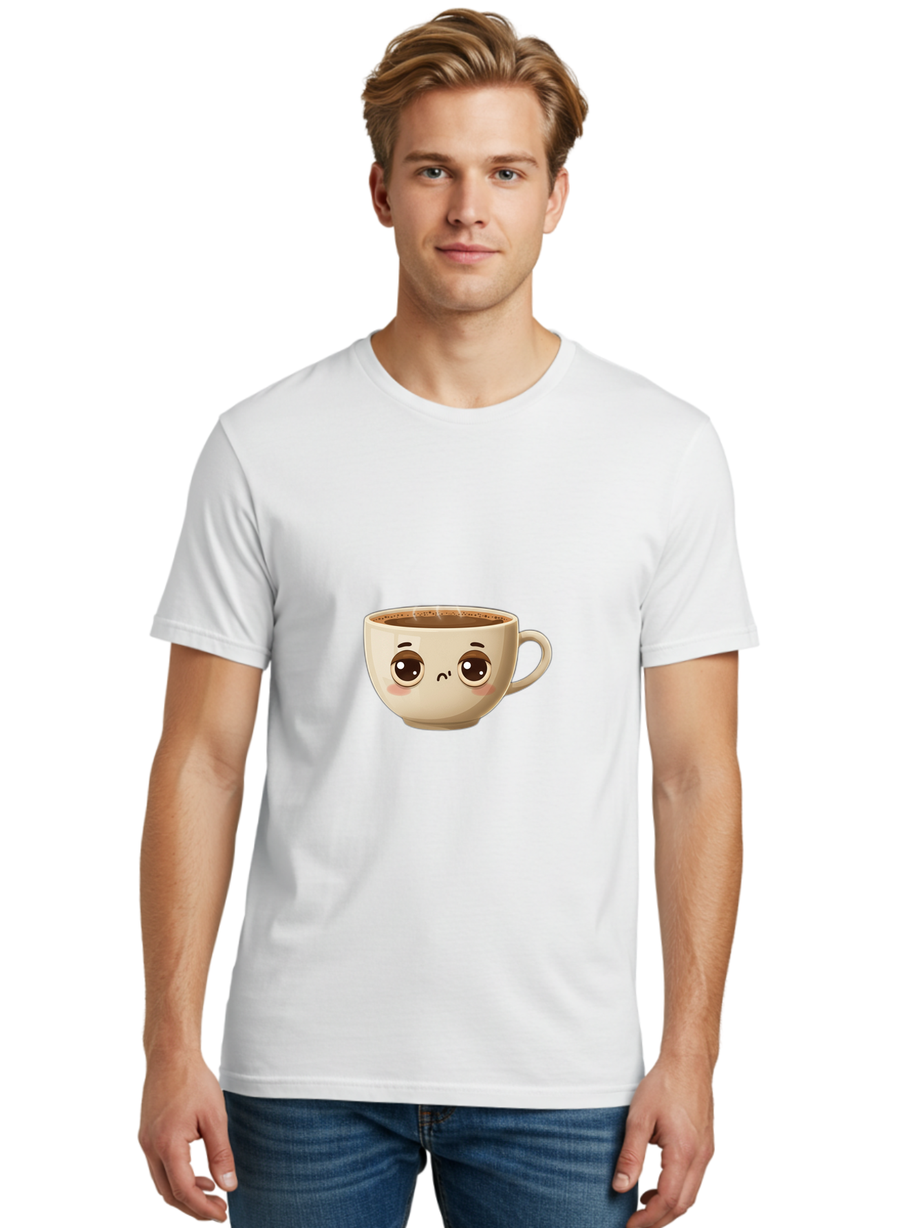 Sad-Coffee-Cup Men'S Graphic Tee, 100% Cotton, Comfortable Casual Summer Wear, Machine Washable, Cartoon Coffee Cup, Sad Face, Coffee Drink, Kawaii Character, Adorable Illustration, Coffee Break, Beverage Mug, Emotional Expression Bac381