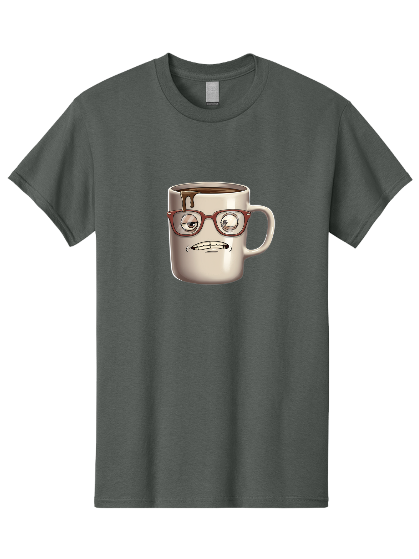 Sad-Coffee-Mug-1 Men'S Graphic Tee, 100% Cotton, Comfortable Casual Summer Wear, Machine Washable, Coffee Mug With Face, Cartoon Character, Anthropomorphic Design, Quirky Personality, Humorous Expression, Glasses, Coffee Stains, Bac382