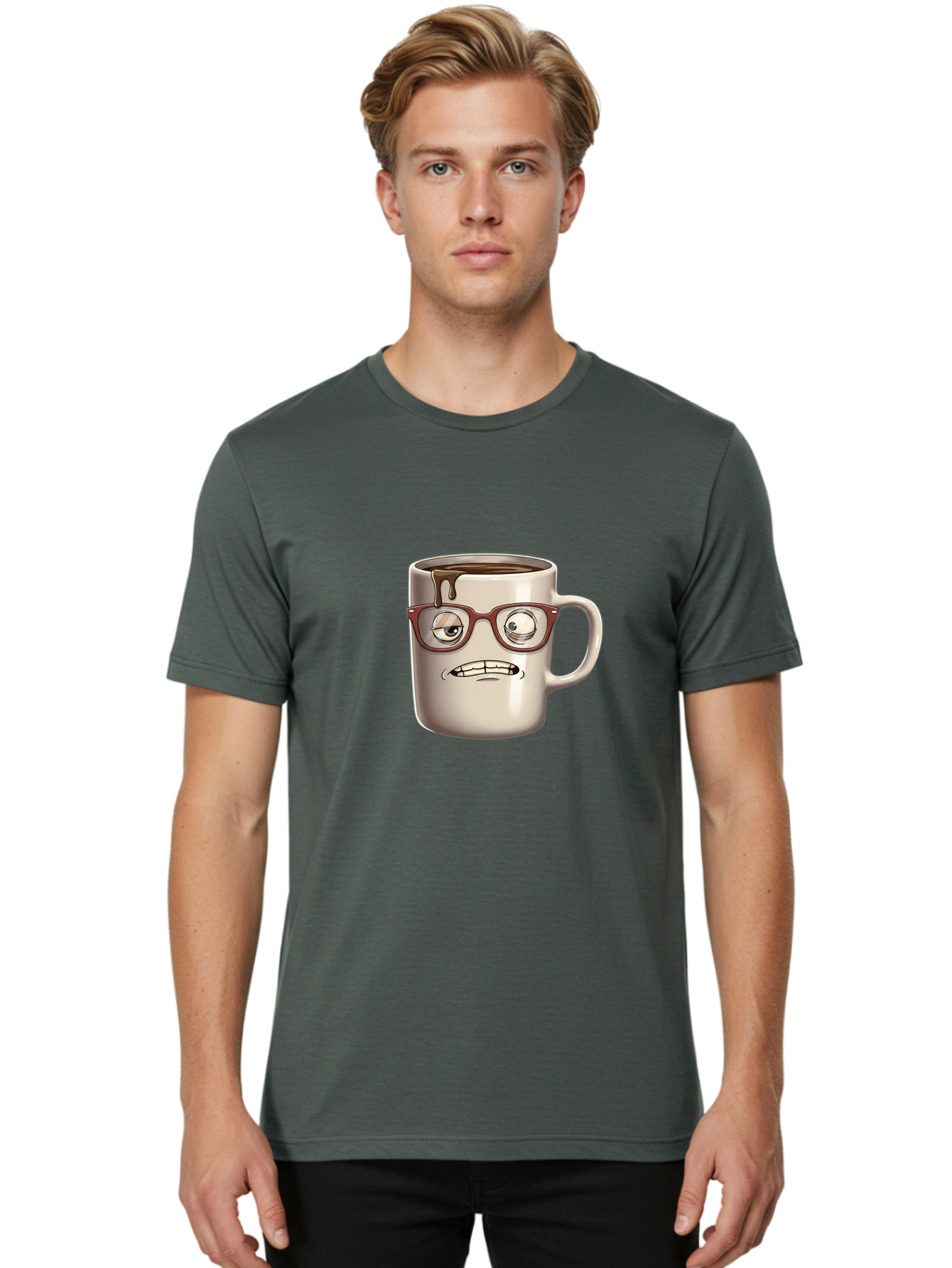 Sad-Coffee-Mug-1 Men'S Graphic Tee, 100% Cotton, Comfortable Casual Summer Wear, Machine Washable, Coffee Mug With Face, Cartoon Character, Anthropomorphic Design, Quirky Personality, Humorous Expression, Glasses, Coffee Stains, Bac382