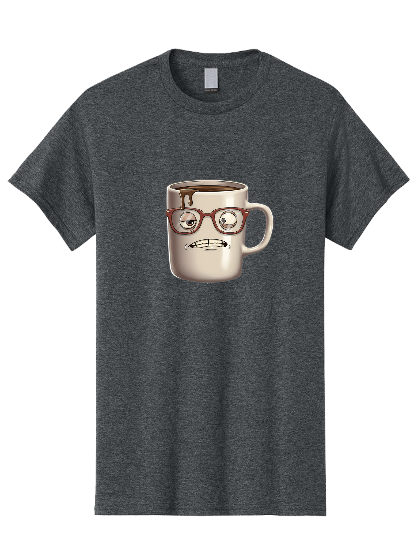 Sad-Coffee-Mug-1 Men'S Graphic Tee, 100% Cotton, Comfortable Casual Summer Wear, Machine Washable, Coffee Mug With Face, Cartoon Character, Anthropomorphic Design, Quirky Personality, Humorous Expression, Glasses, Coffee Stains, Bac382