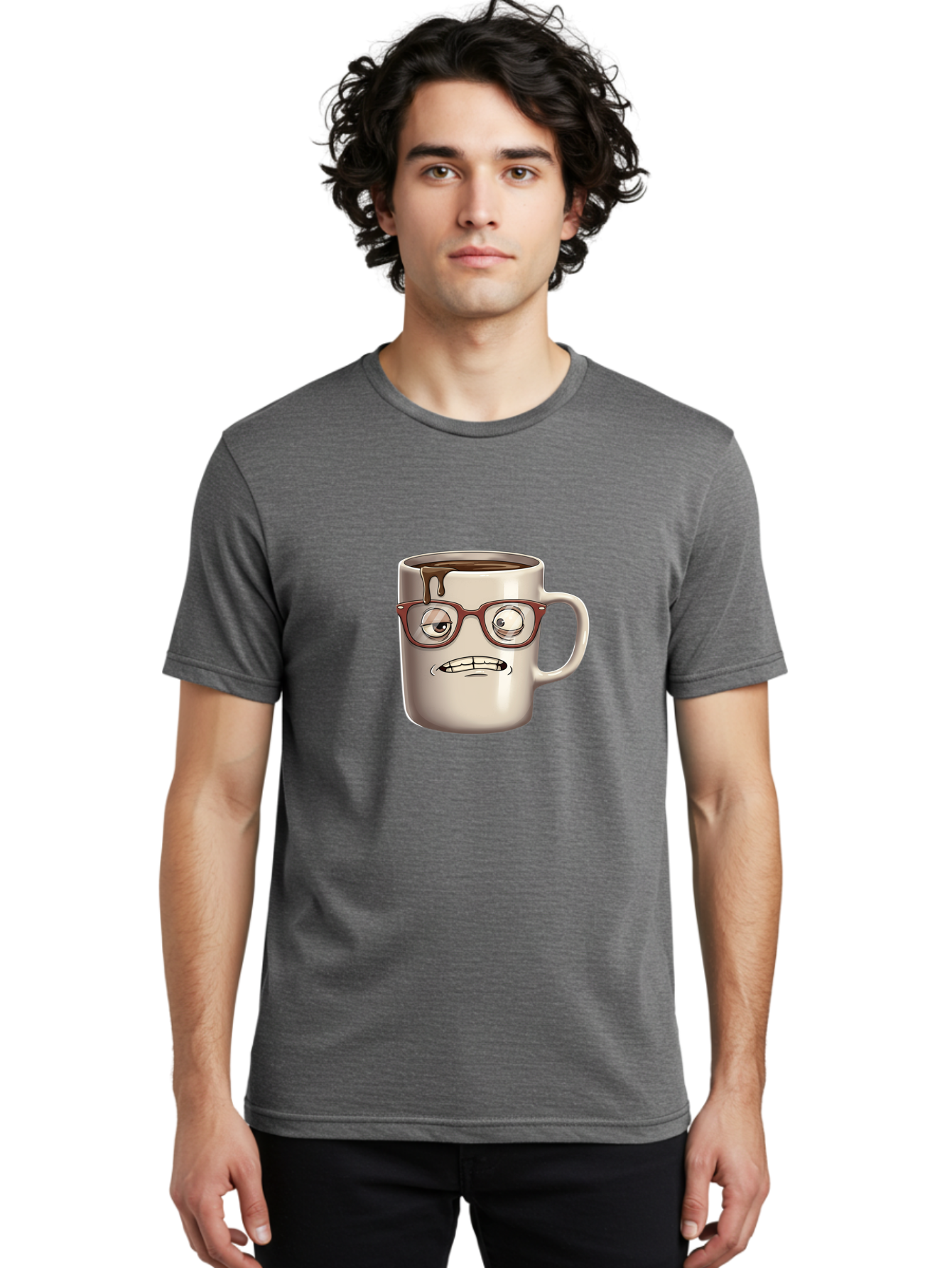 Sad-Coffee-Mug-1 Men'S Graphic Tee, 100% Cotton, Comfortable Casual Summer Wear, Machine Washable, Coffee Mug With Face, Cartoon Character, Anthropomorphic Design, Quirky Personality, Humorous Expression, Glasses, Coffee Stains, Bac382