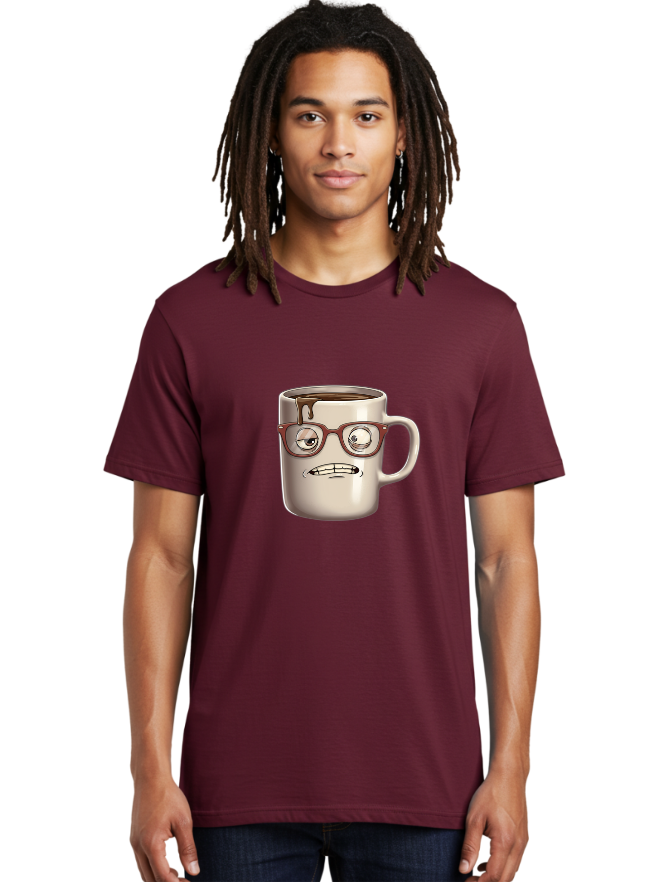 Sad-Coffee-Mug-1 Men'S Graphic Tee, 100% Cotton, Comfortable Casual Summer Wear, Machine Washable, Coffee Mug With Face, Cartoon Character, Anthropomorphic Design, Quirky Personality, Humorous Expression, Glasses, Coffee Stains, Bac382