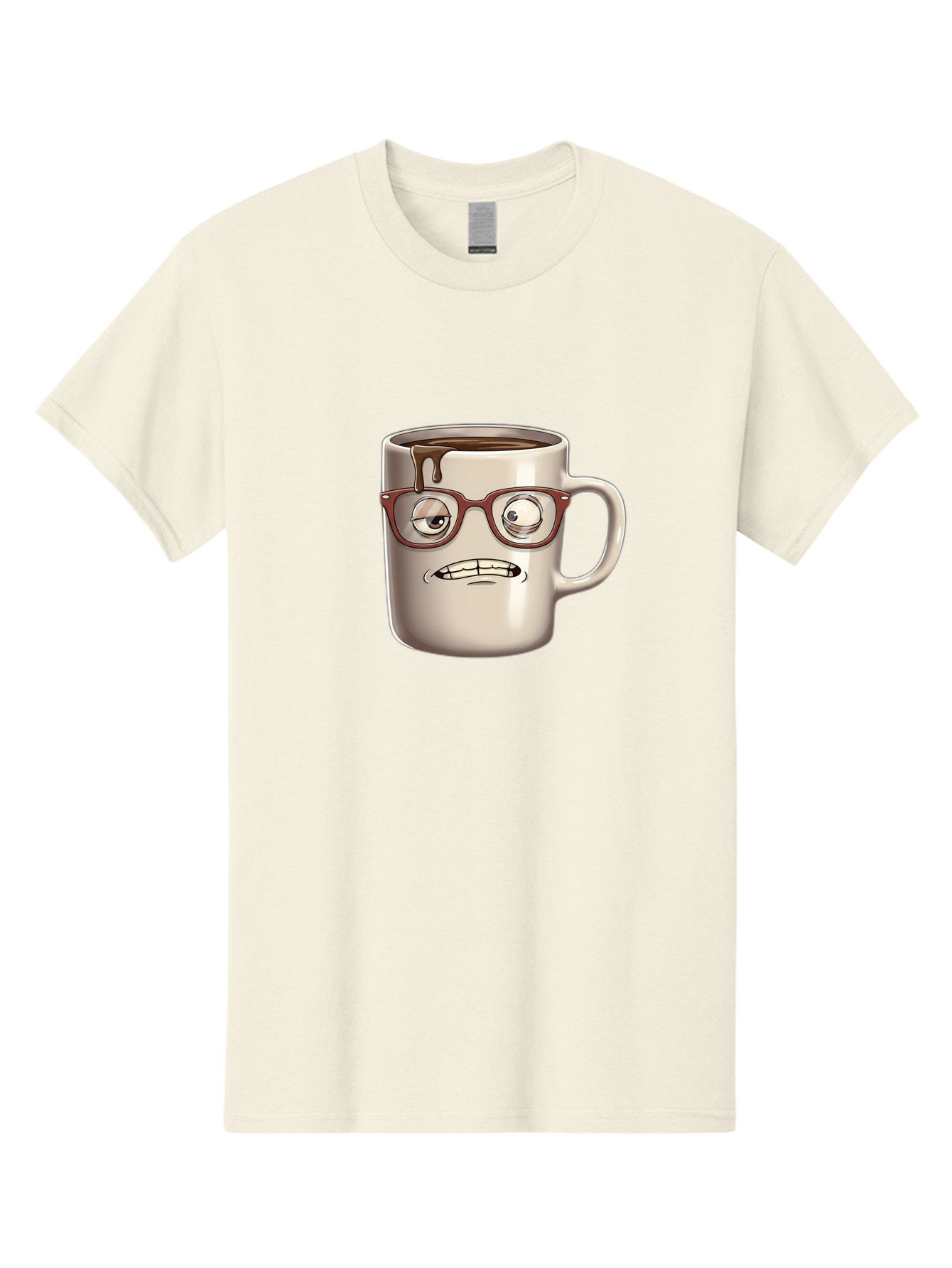 Sad-Coffee-Mug-1 Men'S Graphic Tee, 100% Cotton, Comfortable Casual Summer Wear, Machine Washable, Coffee Mug With Face, Cartoon Character, Anthropomorphic Design, Quirky Personality, Humorous Expression, Glasses, Coffee Stains, Bac382