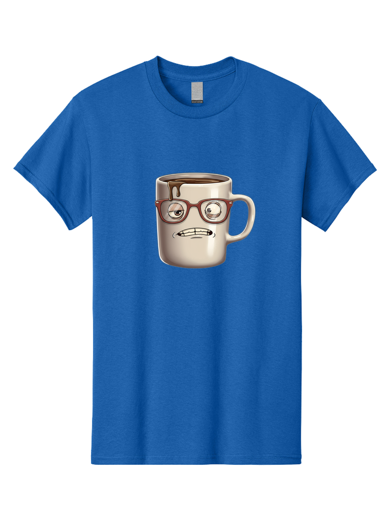 Sad-Coffee-Mug-1 Men'S Graphic Tee, 100% Cotton, Comfortable Casual Summer Wear, Machine Washable, Coffee Mug With Face, Cartoon Character, Anthropomorphic Design, Quirky Personality, Humorous Expression, Glasses, Coffee Stains, Bac382
