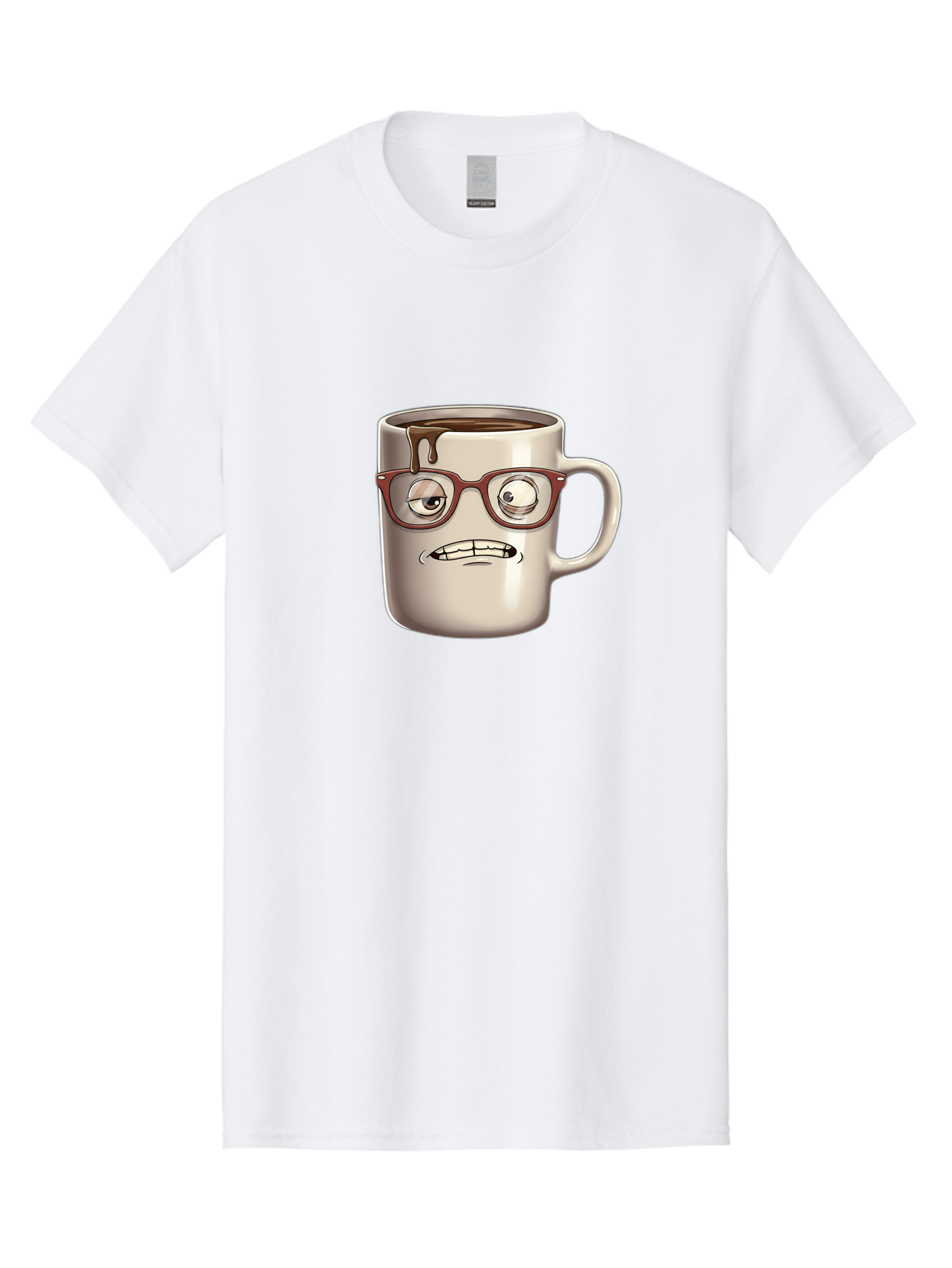 Sad-Coffee-Mug-1 Men'S Graphic Tee, 100% Cotton, Comfortable Casual Summer Wear, Machine Washable, Coffee Mug With Face, Cartoon Character, Anthropomorphic Design, Quirky Personality, Humorous Expression, Glasses, Coffee Stains, Bac382