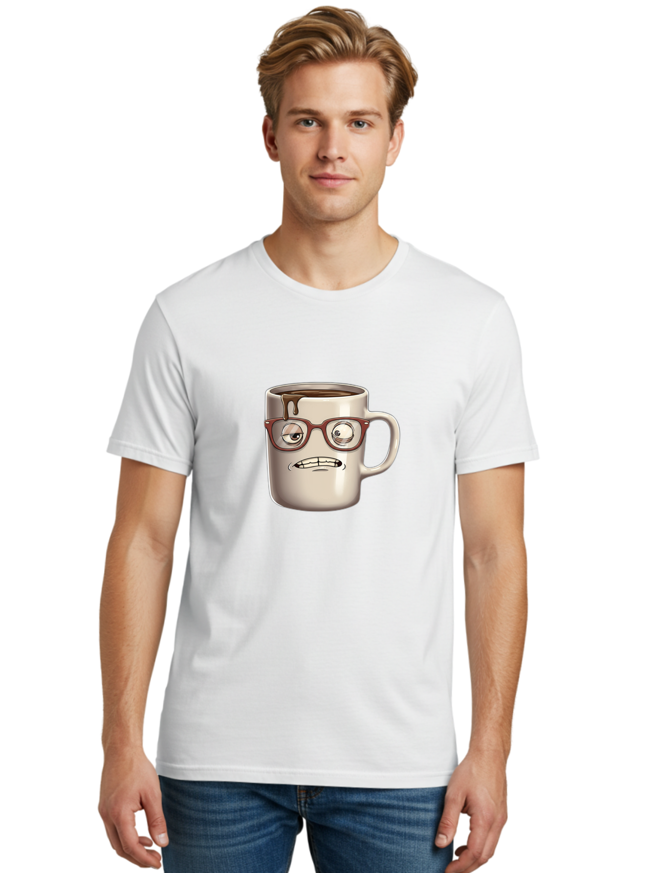 Sad-Coffee-Mug-1 Men'S Graphic Tee, 100% Cotton, Comfortable Casual Summer Wear, Machine Washable, Coffee Mug With Face, Cartoon Character, Anthropomorphic Design, Quirky Personality, Humorous Expression, Glasses, Coffee Stains, Bac382