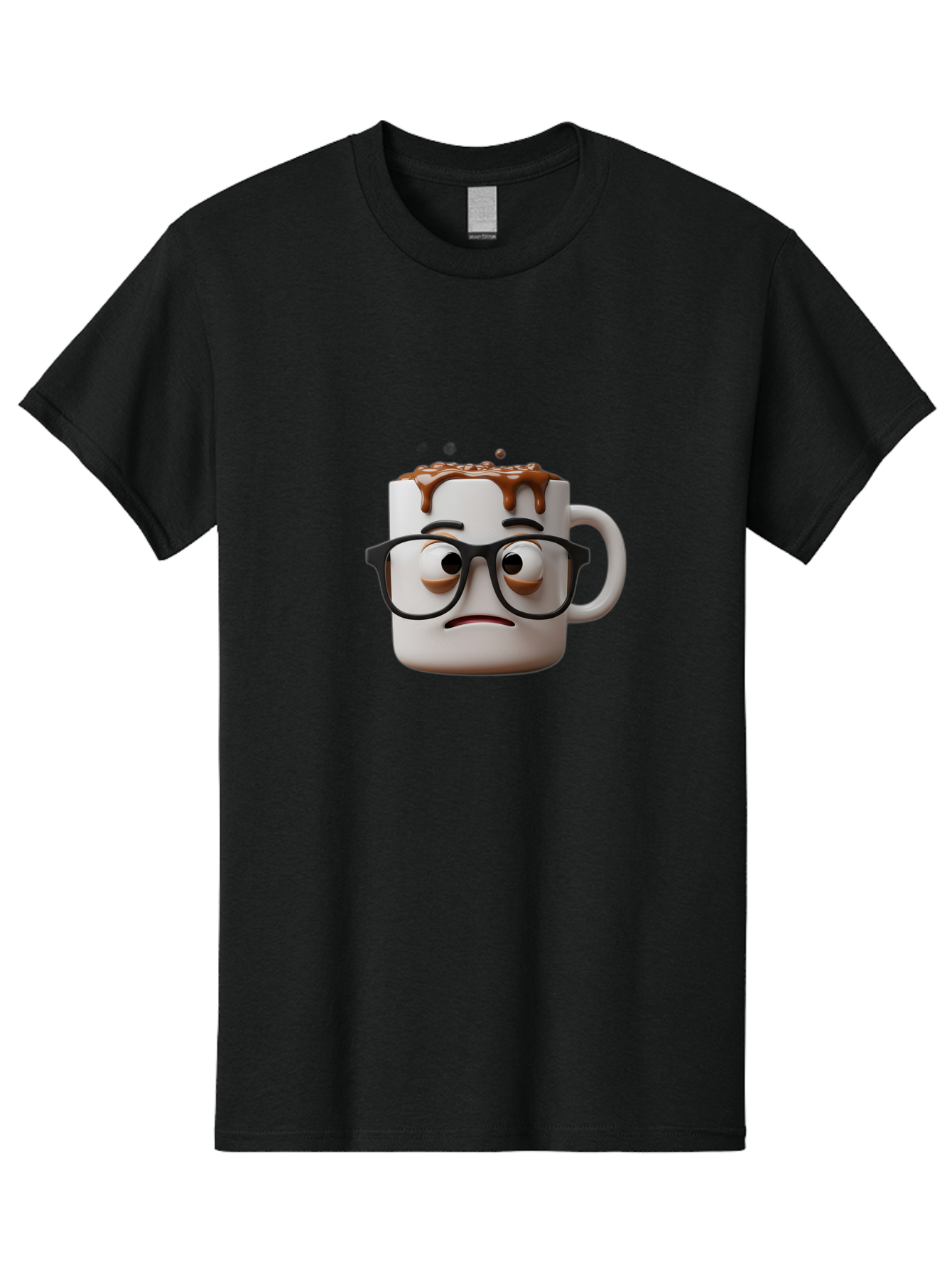 Sad-Coffee-Mug-2 Men'S Graphic Tee, 100% Cotton, Comfortable Casual Summer Wear, Machine Washable, Sad Coffee Mug, Coffee Drink, Chocolate Syrup, 3D Cartoon Character, Emotional Expression, Black Glasses, Unhappy Face, Steaming Hot Beverage, Bac383