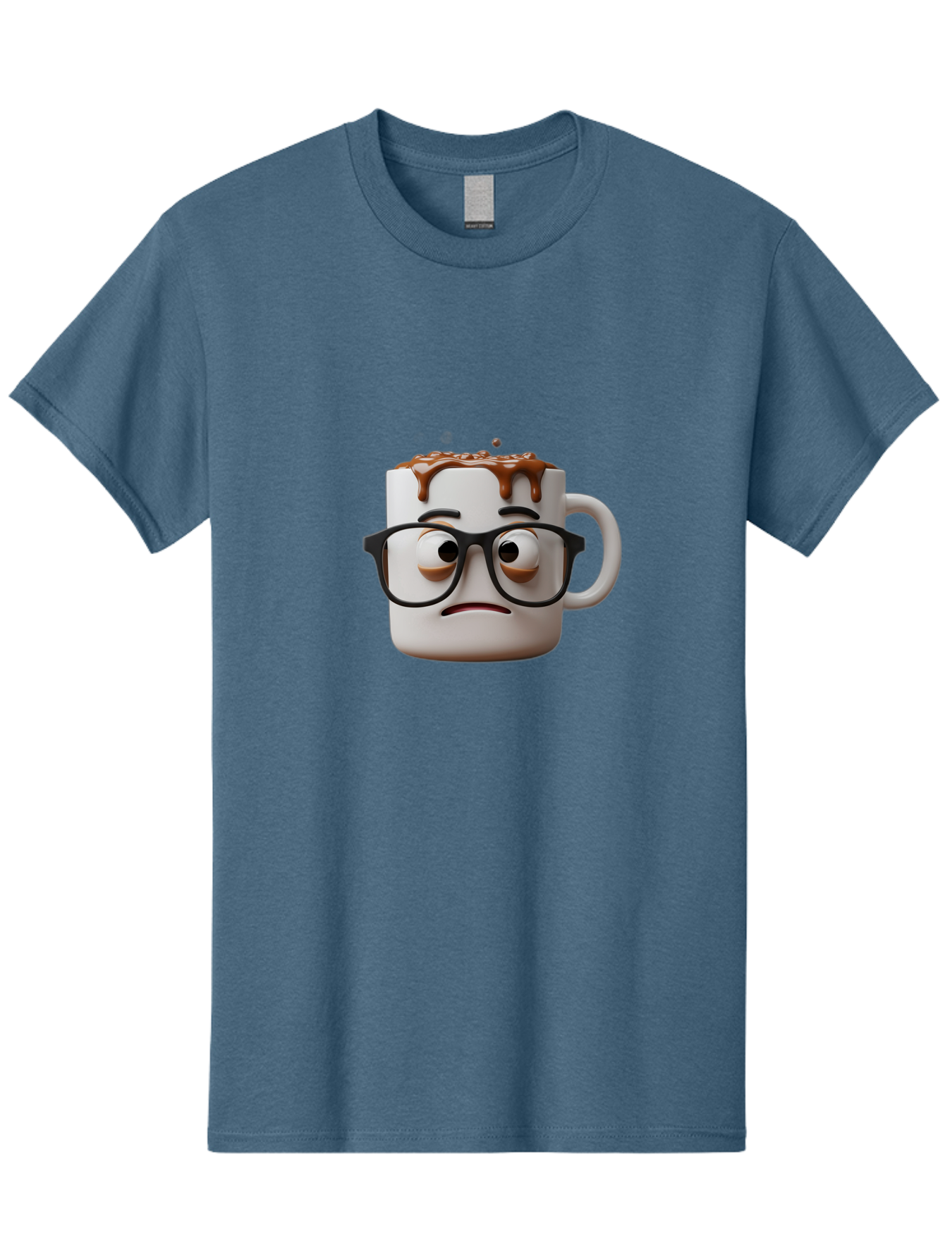 Sad-Coffee-Mug-2 Men'S Graphic Tee, 100% Cotton, Comfortable Casual Summer Wear, Machine Washable, Sad Coffee Mug, Coffee Drink, Chocolate Syrup, 3D Cartoon Character, Emotional Expression, Black Glasses, Unhappy Face, Steaming Hot Beverage, Bac383