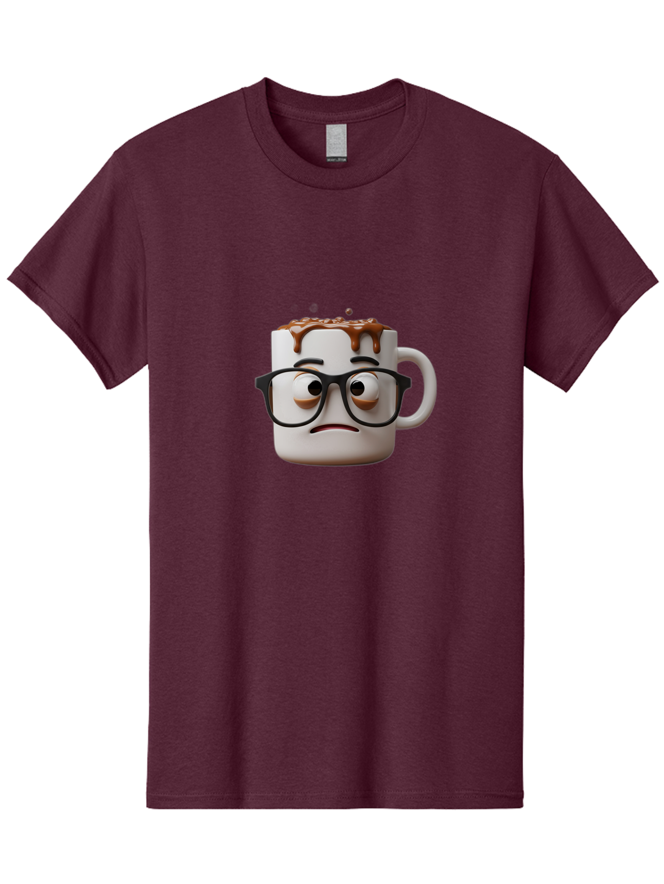 Sad-Coffee-Mug-2 Men'S Graphic Tee, 100% Cotton, Comfortable Casual Summer Wear, Machine Washable, Sad Coffee Mug, Coffee Drink, Chocolate Syrup, 3D Cartoon Character, Emotional Expression, Black Glasses, Unhappy Face, Steaming Hot Beverage, Bac383
