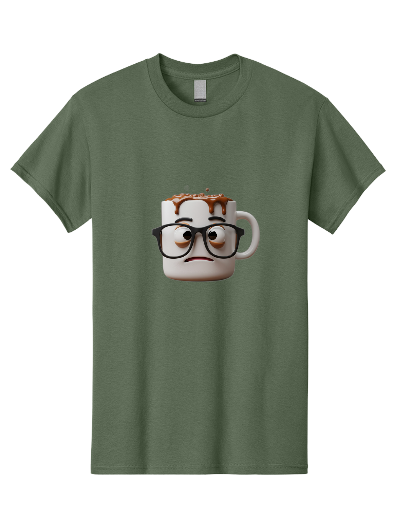 Sad-Coffee-Mug-2 Men'S Graphic Tee, 100% Cotton, Comfortable Casual Summer Wear, Machine Washable, Sad Coffee Mug, Coffee Drink, Chocolate Syrup, 3D Cartoon Character, Emotional Expression, Black Glasses, Unhappy Face, Steaming Hot Beverage, Bac383