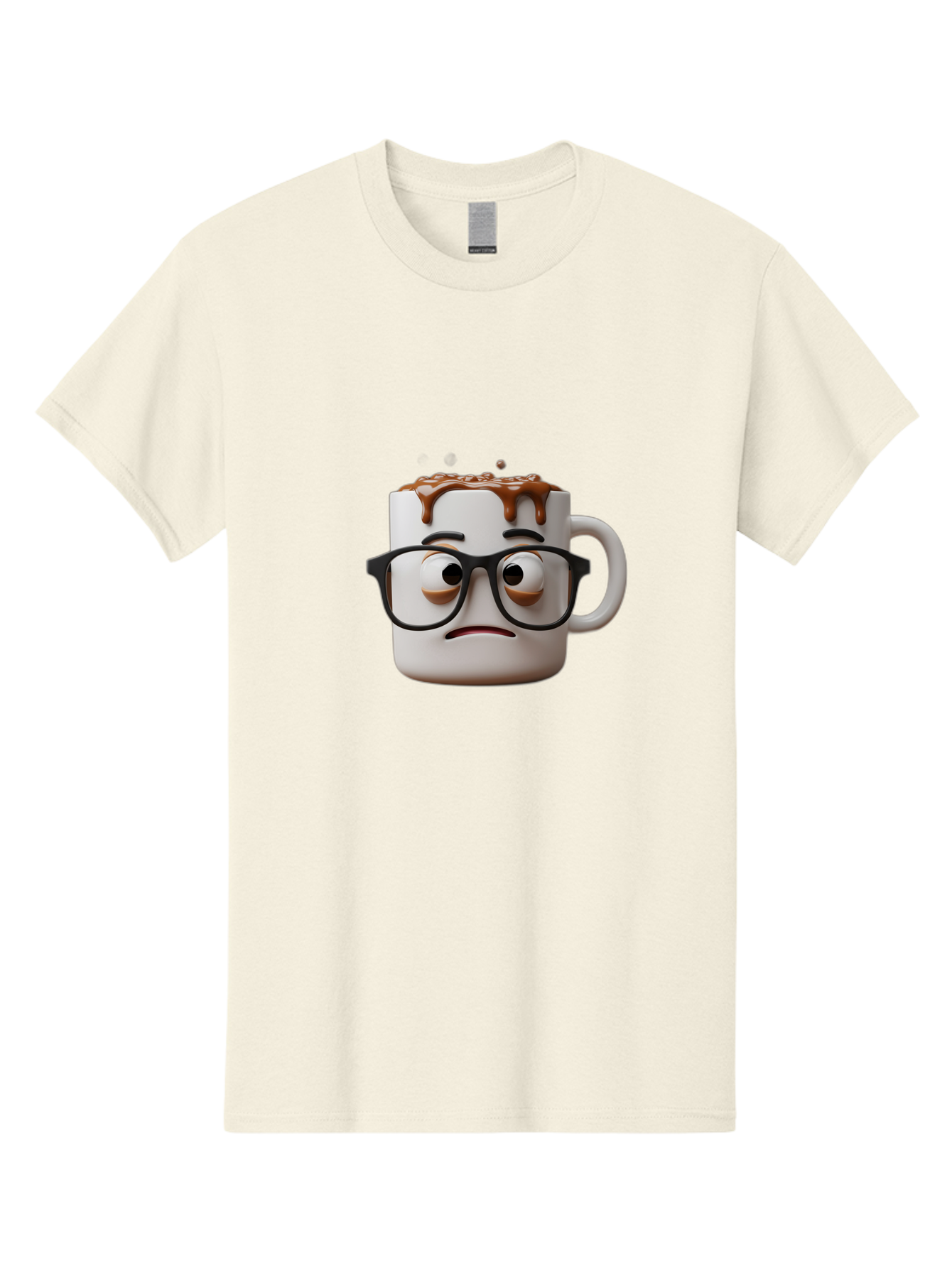 Sad-Coffee-Mug-2 Men'S Graphic Tee, 100% Cotton, Comfortable Casual Summer Wear, Machine Washable, Sad Coffee Mug, Coffee Drink, Chocolate Syrup, 3D Cartoon Character, Emotional Expression, Black Glasses, Unhappy Face, Steaming Hot Beverage, Bac383
