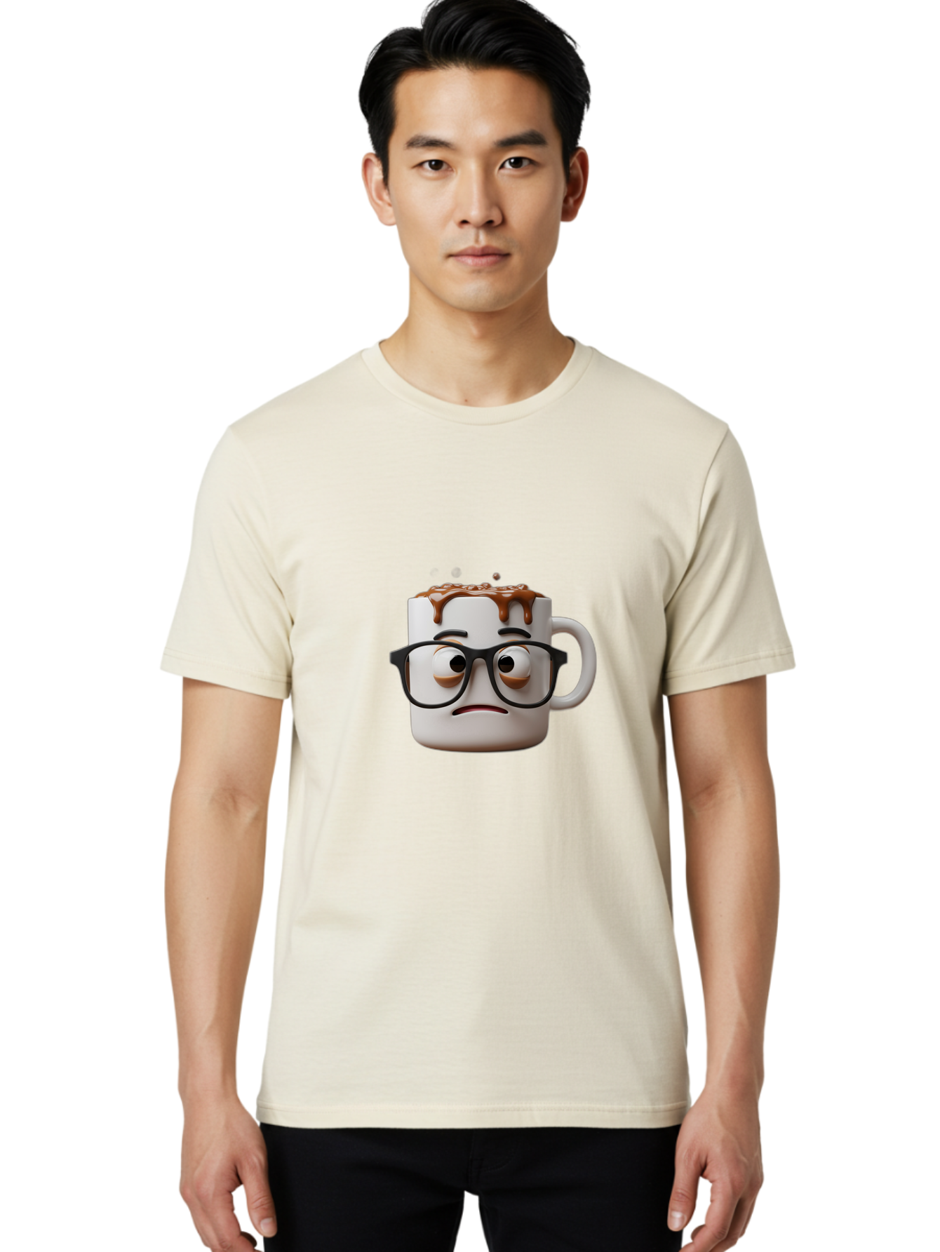 Sad-Coffee-Mug-2 Men'S Graphic Tee, 100% Cotton, Comfortable Casual Summer Wear, Machine Washable, Sad Coffee Mug, Coffee Drink, Chocolate Syrup, 3D Cartoon Character, Emotional Expression, Black Glasses, Unhappy Face, Steaming Hot Beverage, Bac383