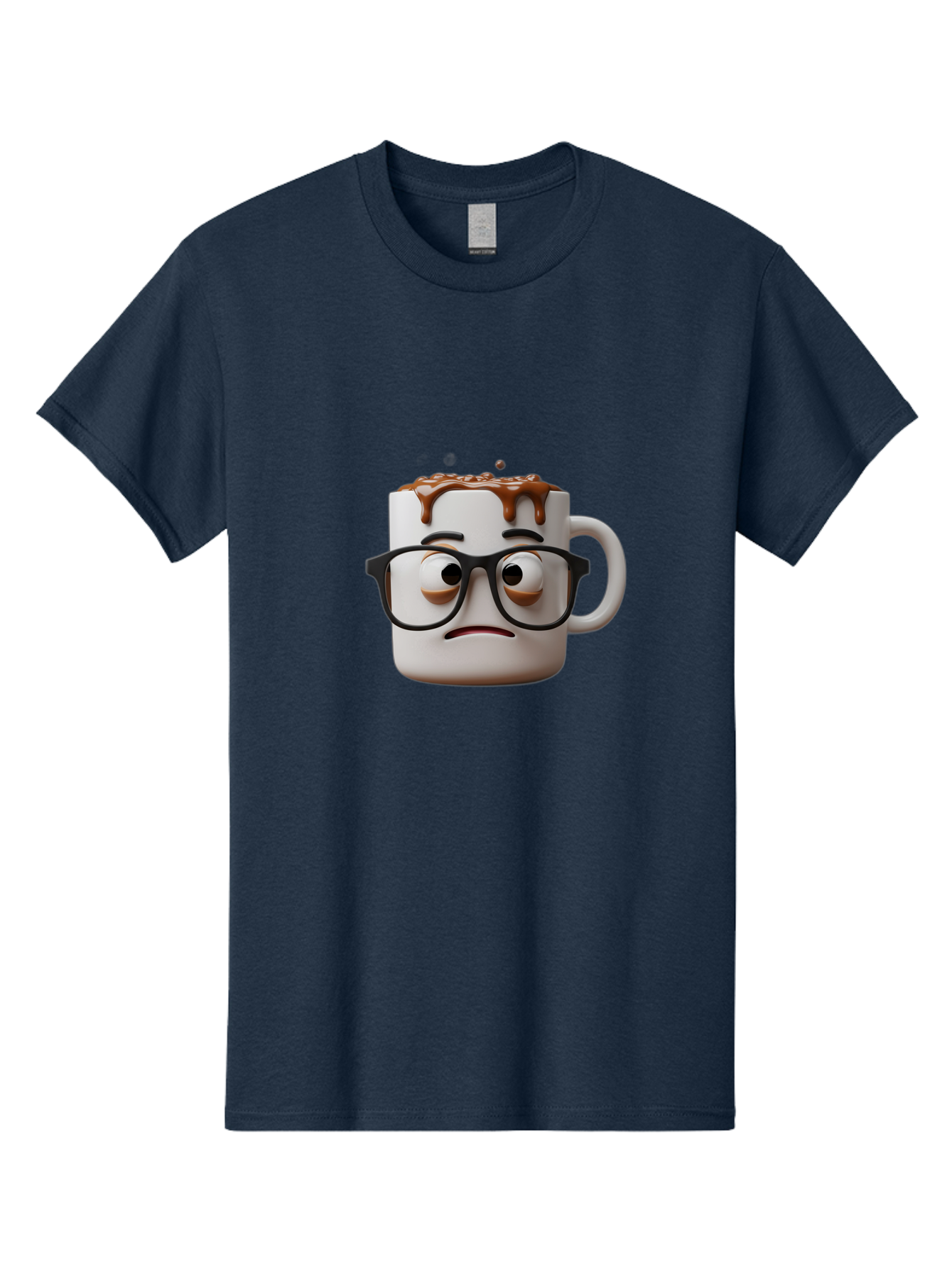 Sad-Coffee-Mug-2 Men'S Graphic Tee, 100% Cotton, Comfortable Casual Summer Wear, Machine Washable, Sad Coffee Mug, Coffee Drink, Chocolate Syrup, 3D Cartoon Character, Emotional Expression, Black Glasses, Unhappy Face, Steaming Hot Beverage, Bac383