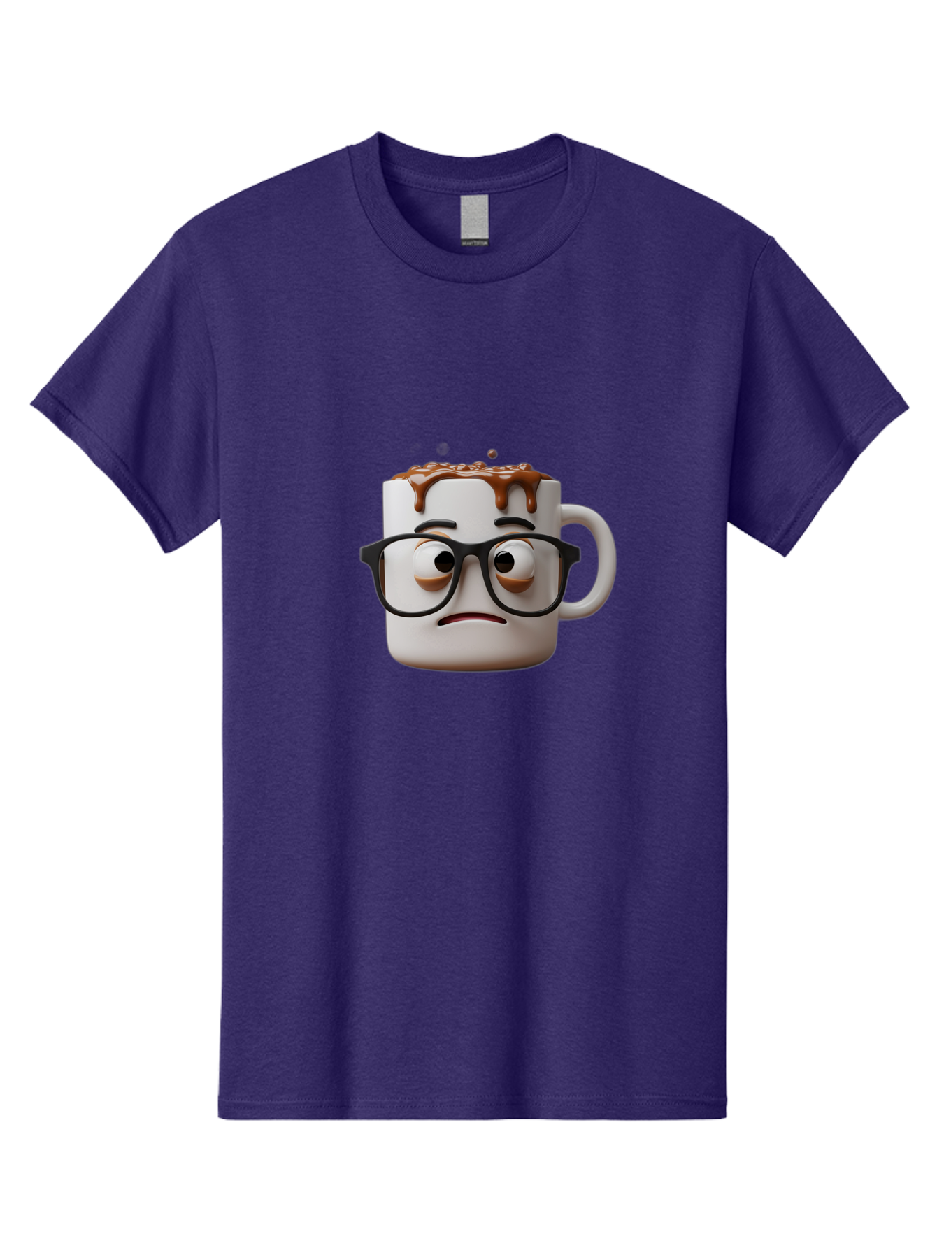 Sad-Coffee-Mug-2 Men'S Graphic Tee, 100% Cotton, Comfortable Casual Summer Wear, Machine Washable, Sad Coffee Mug, Coffee Drink, Chocolate Syrup, 3D Cartoon Character, Emotional Expression, Black Glasses, Unhappy Face, Steaming Hot Beverage, Bac383