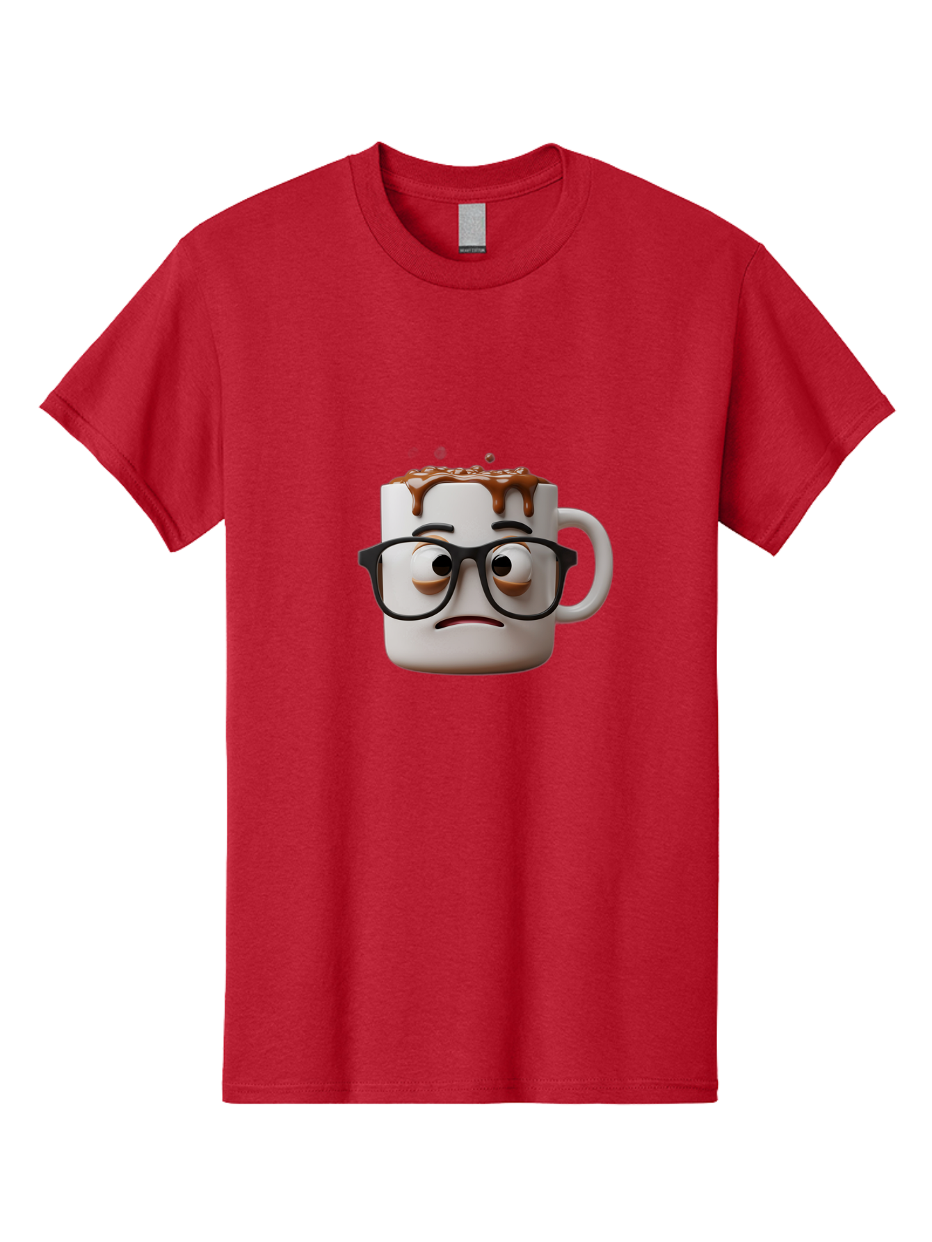 Sad-Coffee-Mug-2 Men'S Graphic Tee, 100% Cotton, Comfortable Casual Summer Wear, Machine Washable, Sad Coffee Mug, Coffee Drink, Chocolate Syrup, 3D Cartoon Character, Emotional Expression, Black Glasses, Unhappy Face, Steaming Hot Beverage, Bac383