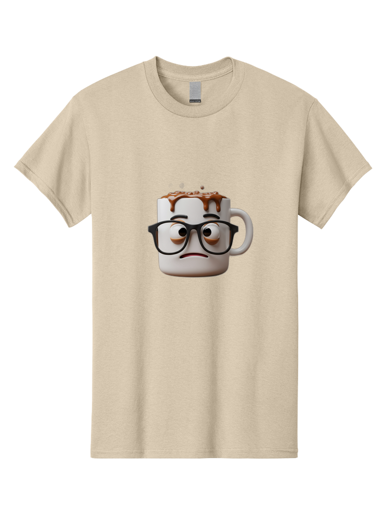 Sad-Coffee-Mug-2 Men'S Graphic Tee, 100% Cotton, Comfortable Casual Summer Wear, Machine Washable, Sad Coffee Mug, Coffee Drink, Chocolate Syrup, 3D Cartoon Character, Emotional Expression, Black Glasses, Unhappy Face, Steaming Hot Beverage, Bac383