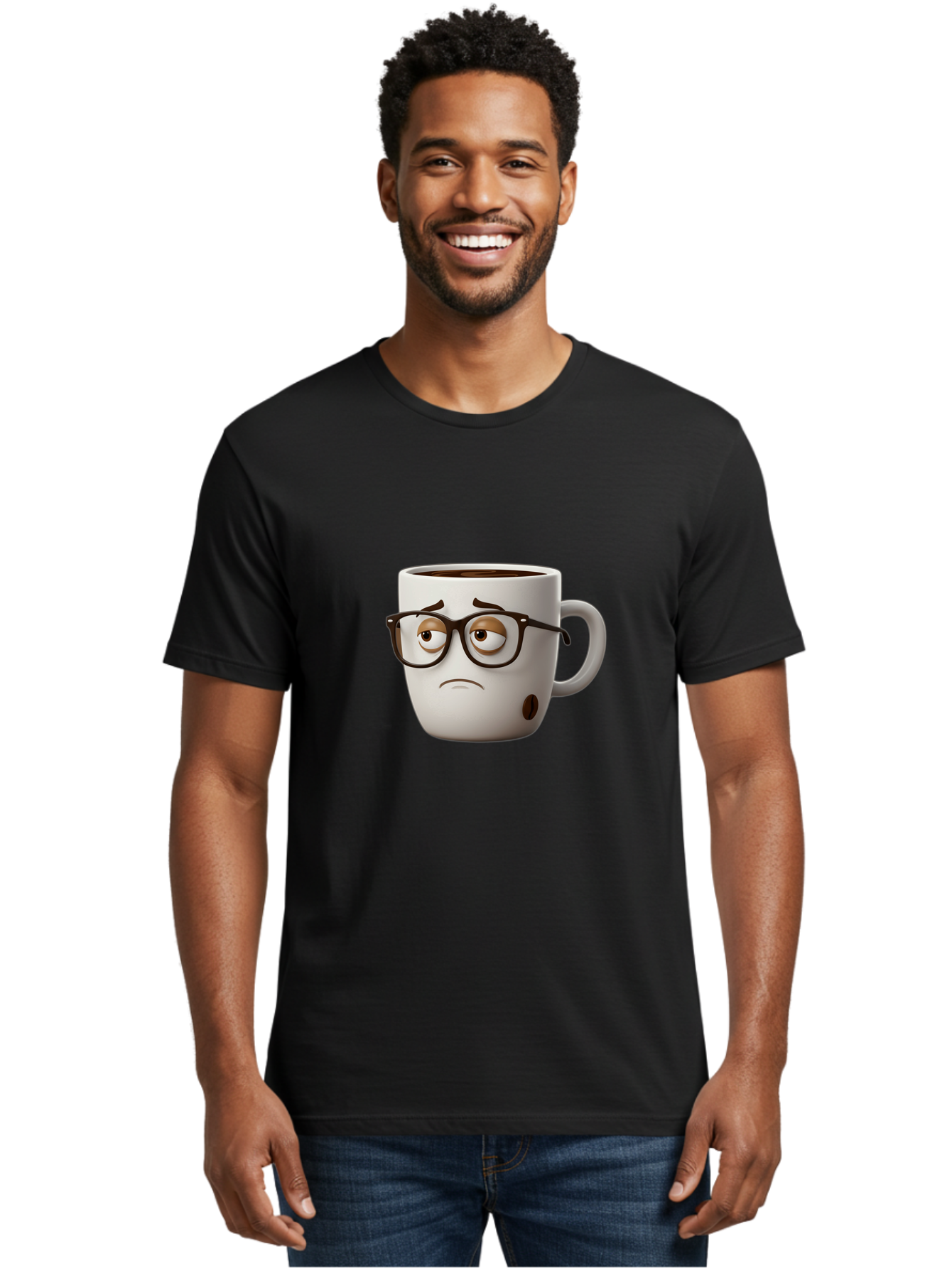 Sad-Coffee-Mug Men'S Graphic Tee, 100% Cotton, Comfortable Casual Summer Wear, Machine Washable, Coffee Mug With Face, Sad Expression, Black Glasses, Coffee Drink, Morning Routine, Daily Grind, Cartoon Character, Quirky Design, Funny Mug Bac384