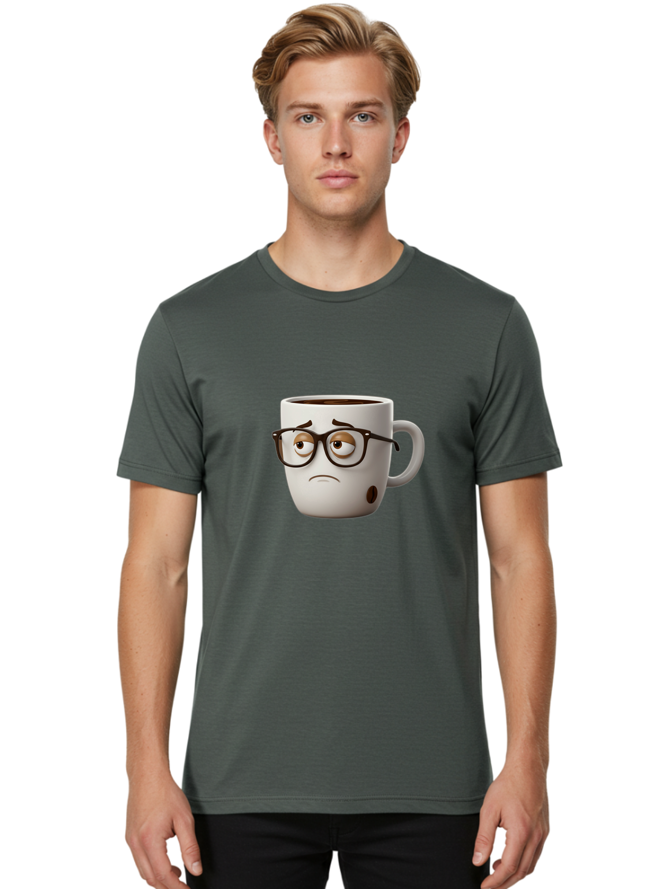 Sad-Coffee-Mug Men'S Graphic Tee, 100% Cotton, Comfortable Casual Summer Wear, Machine Washable, Coffee Mug With Face, Sad Expression, Black Glasses, Coffee Drink, Morning Routine, Daily Grind, Cartoon Character, Quirky Design, Funny Mug Bac384