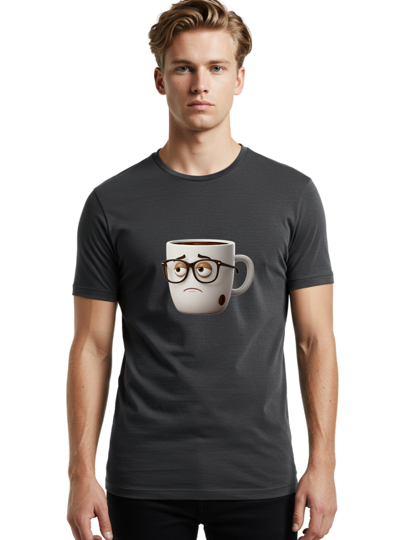 Sad-Coffee-Mug Men'S Graphic Tee, 100% Cotton, Comfortable Casual Summer Wear, Machine Washable, Coffee Mug With Face, Sad Expression, Black Glasses, Coffee Drink, Morning Routine, Daily Grind, Cartoon Character, Quirky Design, Funny Mug Bac384