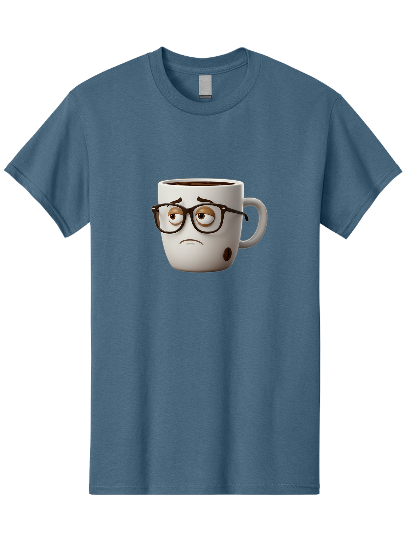 Sad-Coffee-Mug Men'S Graphic Tee, 100% Cotton, Comfortable Casual Summer Wear, Machine Washable, Coffee Mug With Face, Sad Expression, Black Glasses, Coffee Drink, Morning Routine, Daily Grind, Cartoon Character, Quirky Design, Funny Mug Bac384