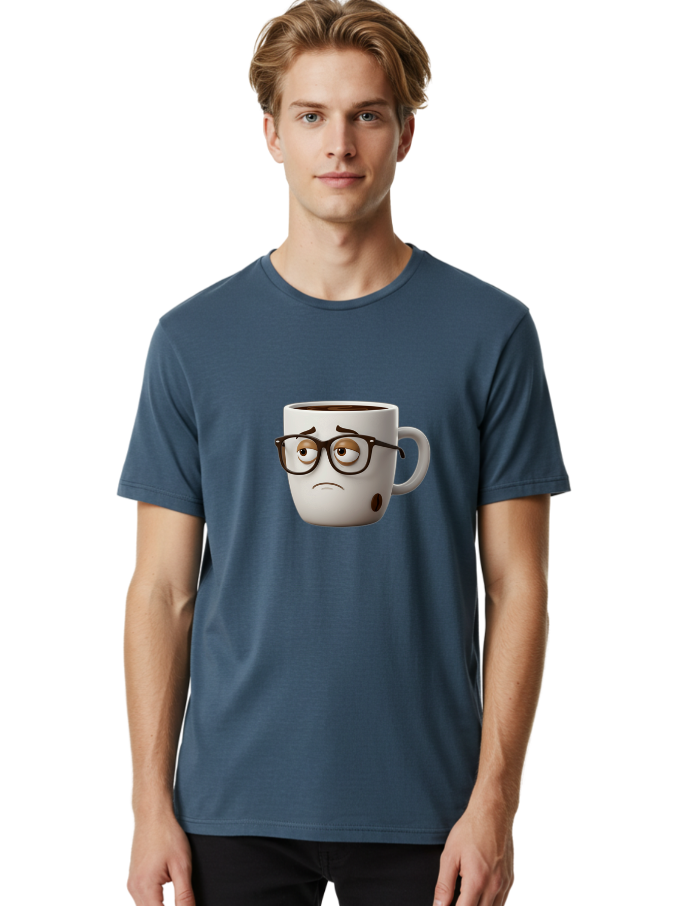 Sad-Coffee-Mug Men'S Graphic Tee, 100% Cotton, Comfortable Casual Summer Wear, Machine Washable, Coffee Mug With Face, Sad Expression, Black Glasses, Coffee Drink, Morning Routine, Daily Grind, Cartoon Character, Quirky Design, Funny Mug Bac384