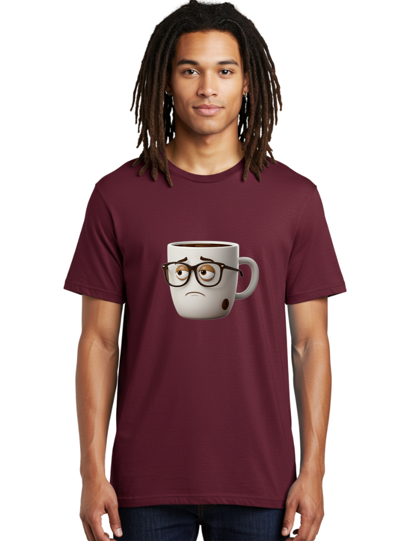 Sad-Coffee-Mug Men'S Graphic Tee, 100% Cotton, Comfortable Casual Summer Wear, Machine Washable, Coffee Mug With Face, Sad Expression, Black Glasses, Coffee Drink, Morning Routine, Daily Grind, Cartoon Character, Quirky Design, Funny Mug Bac384