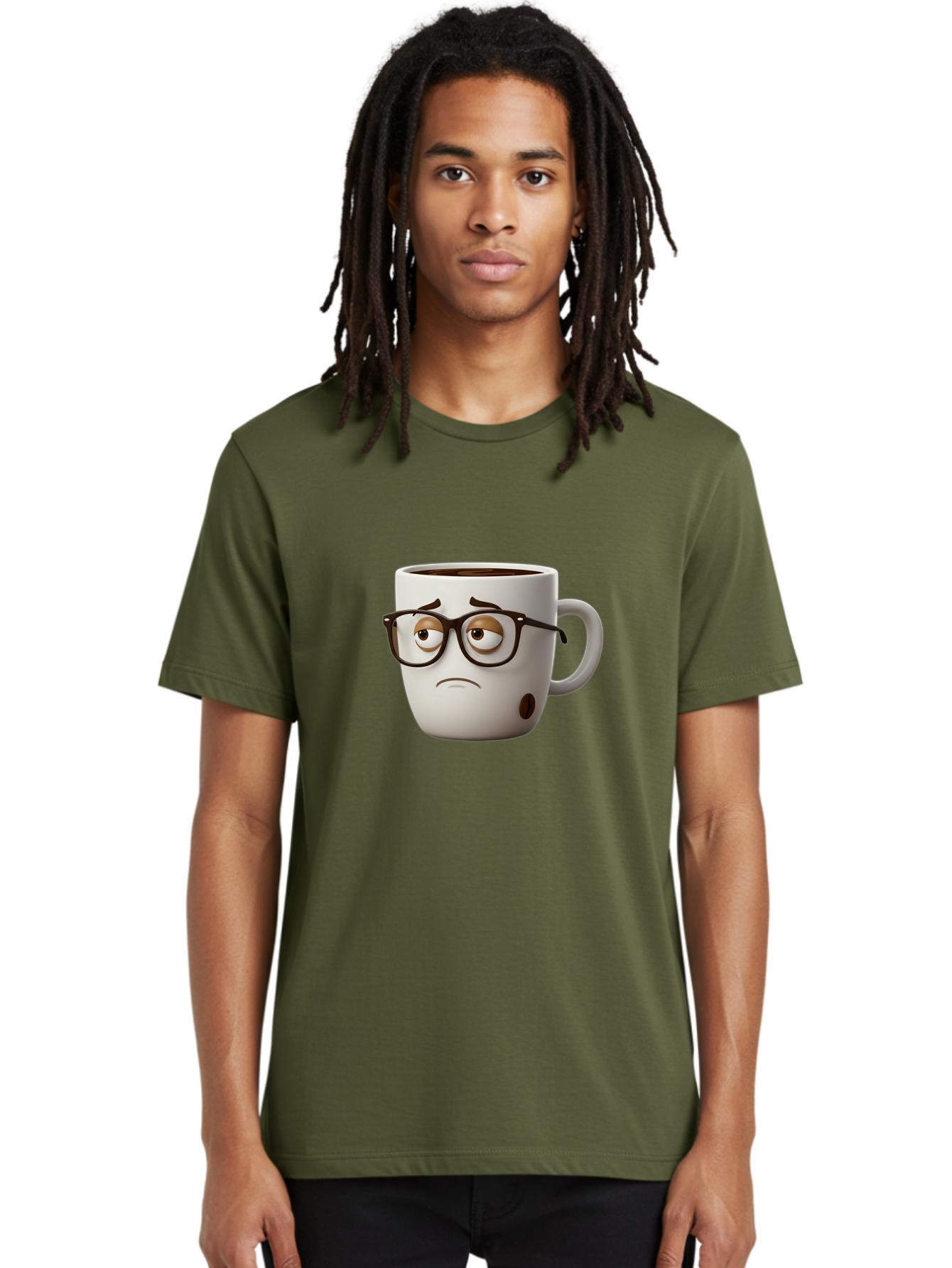 Sad-Coffee-Mug Men'S Graphic Tee, 100% Cotton, Comfortable Casual Summer Wear, Machine Washable, Coffee Mug With Face, Sad Expression, Black Glasses, Coffee Drink, Morning Routine, Daily Grind, Cartoon Character, Quirky Design, Funny Mug Bac384