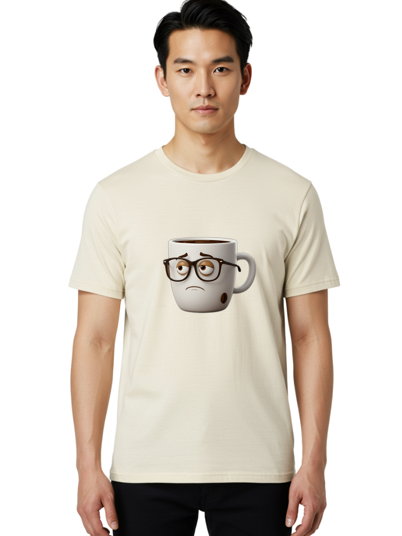 Sad-Coffee-Mug Men'S Graphic Tee, 100% Cotton, Comfortable Casual Summer Wear, Machine Washable, Coffee Mug With Face, Sad Expression, Black Glasses, Coffee Drink, Morning Routine, Daily Grind, Cartoon Character, Quirky Design, Funny Mug Bac384