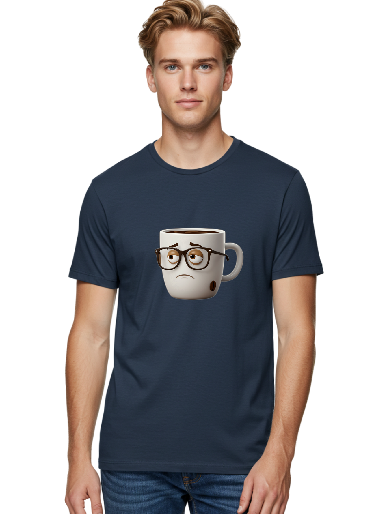 Sad-Coffee-Mug Men'S Graphic Tee, 100% Cotton, Comfortable Casual Summer Wear, Machine Washable, Coffee Mug With Face, Sad Expression, Black Glasses, Coffee Drink, Morning Routine, Daily Grind, Cartoon Character, Quirky Design, Funny Mug Bac384