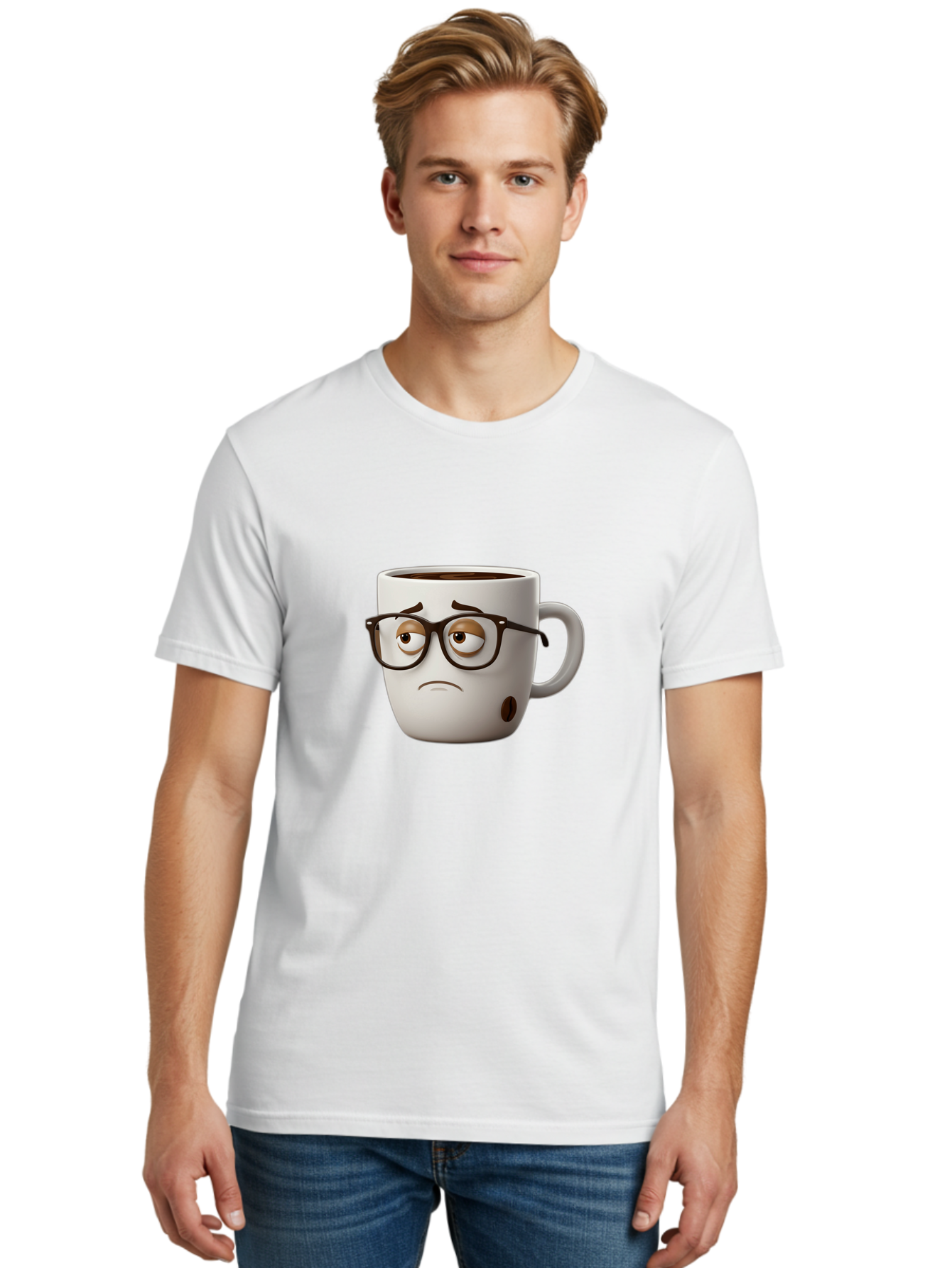 Sad-Coffee-Mug Men'S Graphic Tee, 100% Cotton, Comfortable Casual Summer Wear, Machine Washable, Coffee Mug With Face, Sad Expression, Black Glasses, Coffee Drink, Morning Routine, Daily Grind, Cartoon Character, Quirky Design, Funny Mug Bac384