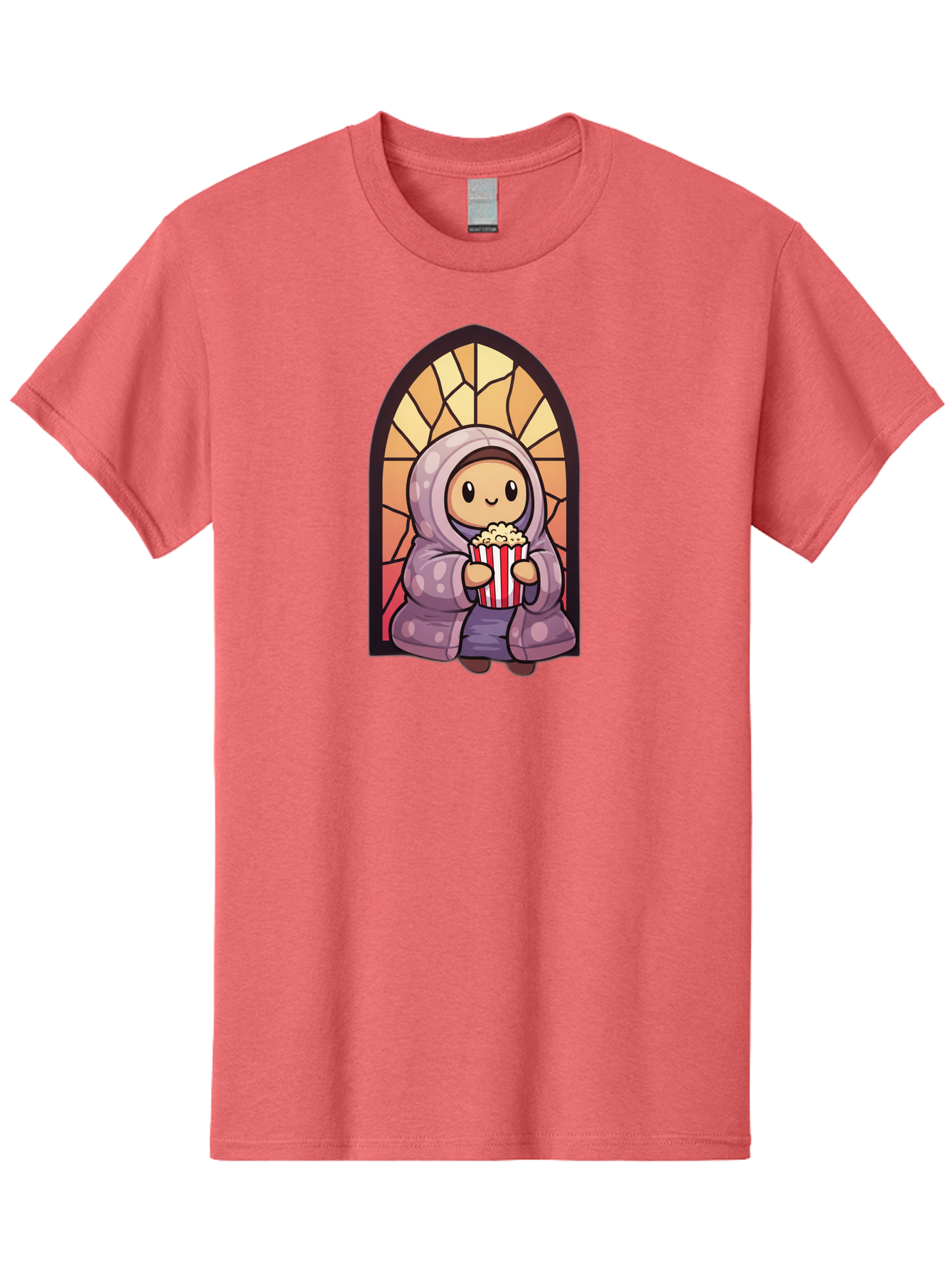 Saint-Popcorn Men'S Graphic Tee, 100% Cotton, Comfortable Casual Summer Wear, Machine Washable, Cartoon Character, Stained Glass Window, Kid Eating Popcorn, Cute Illustration, Cozy Atmosphere, Warm Colors, Hoodie, Snack Time, Playful Design, Bac385