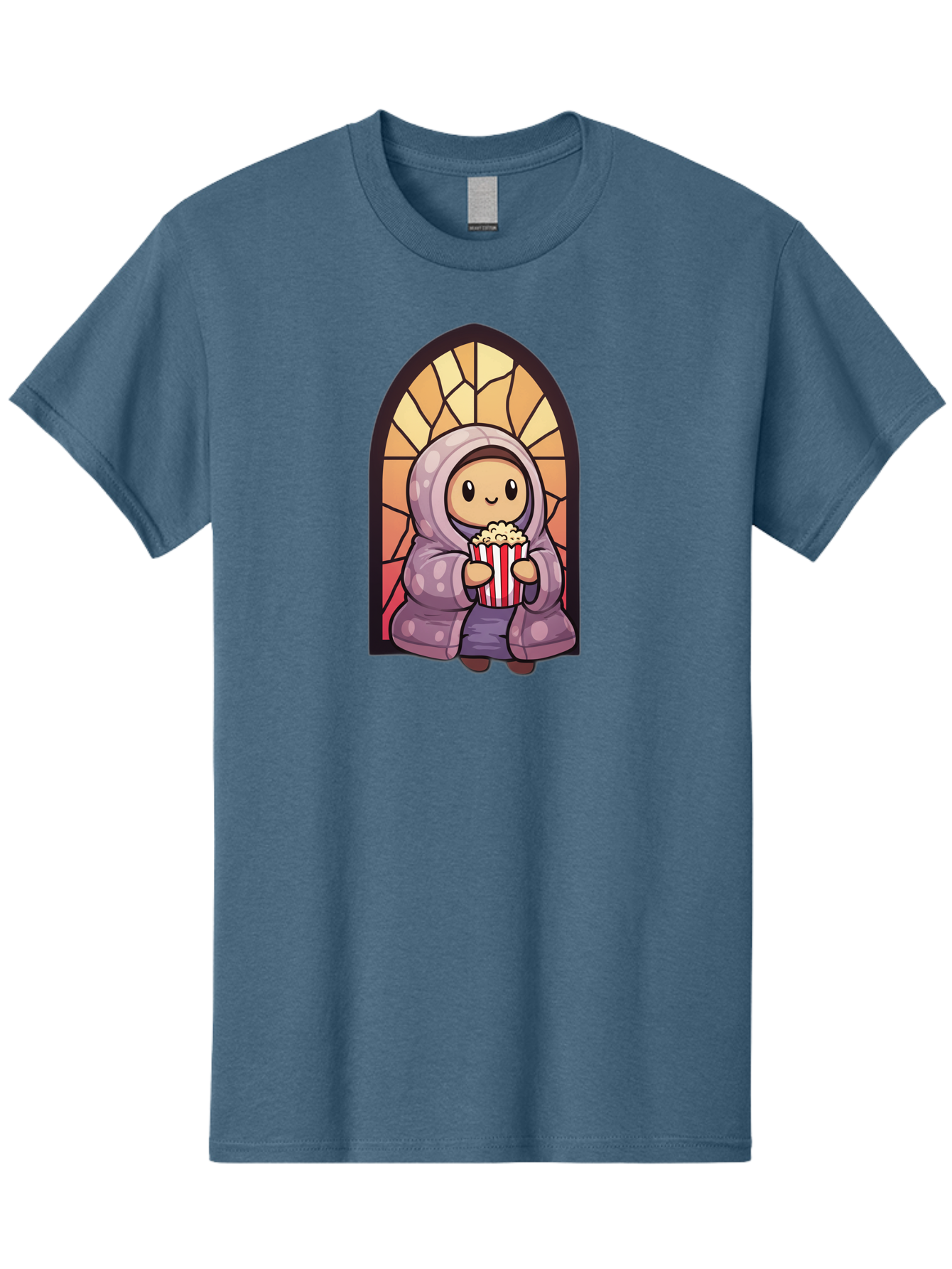 Saint-Popcorn Men'S Graphic Tee, 100% Cotton, Comfortable Casual Summer Wear, Machine Washable, Cartoon Character, Stained Glass Window, Kid Eating Popcorn, Cute Illustration, Cozy Atmosphere, Warm Colors, Hoodie, Snack Time, Playful Design, Bac385